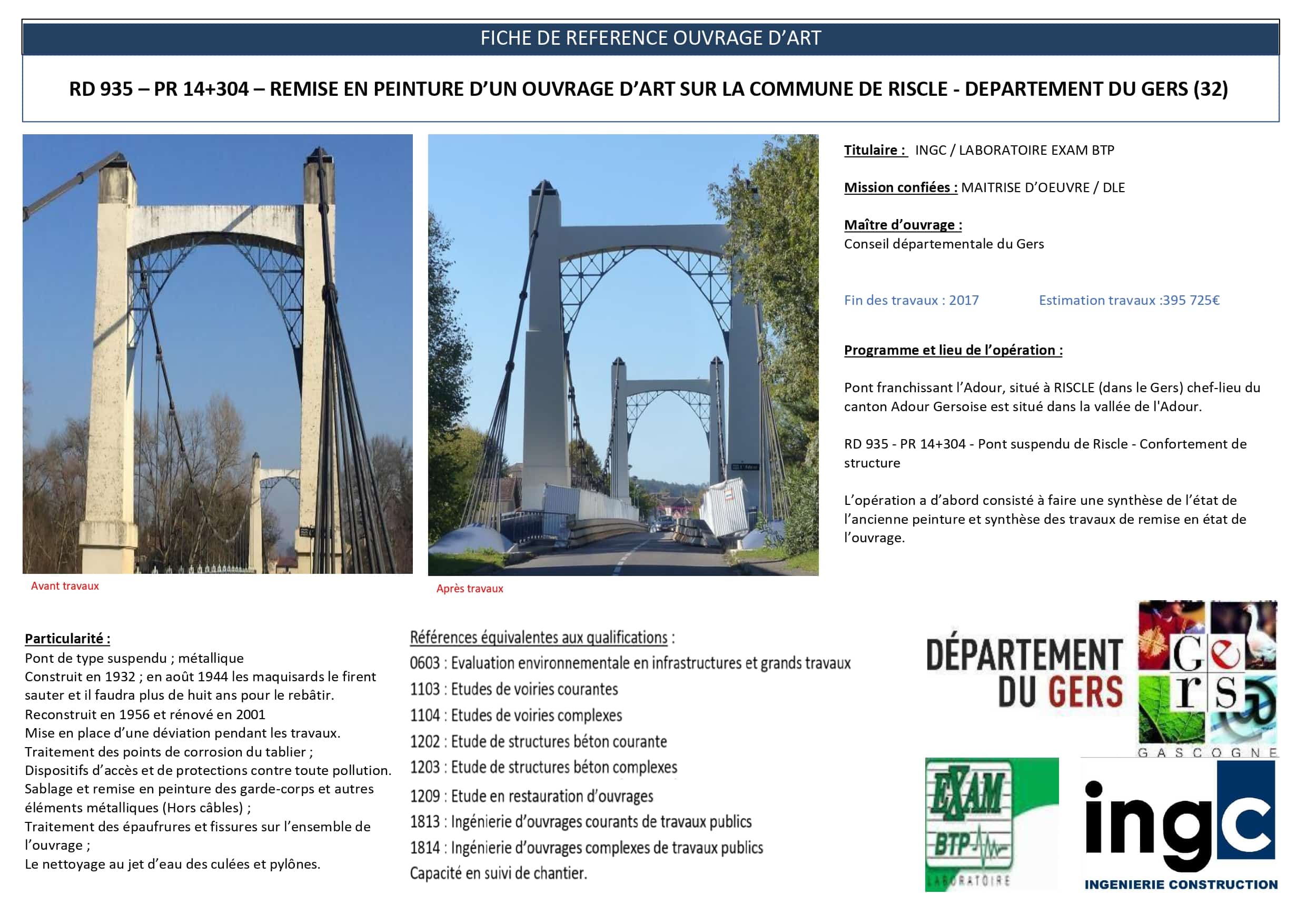 Fiche projet : remise en peinture du pont suspendu RD 935 à Riscle, Gers. Vues avant et après travaux.
