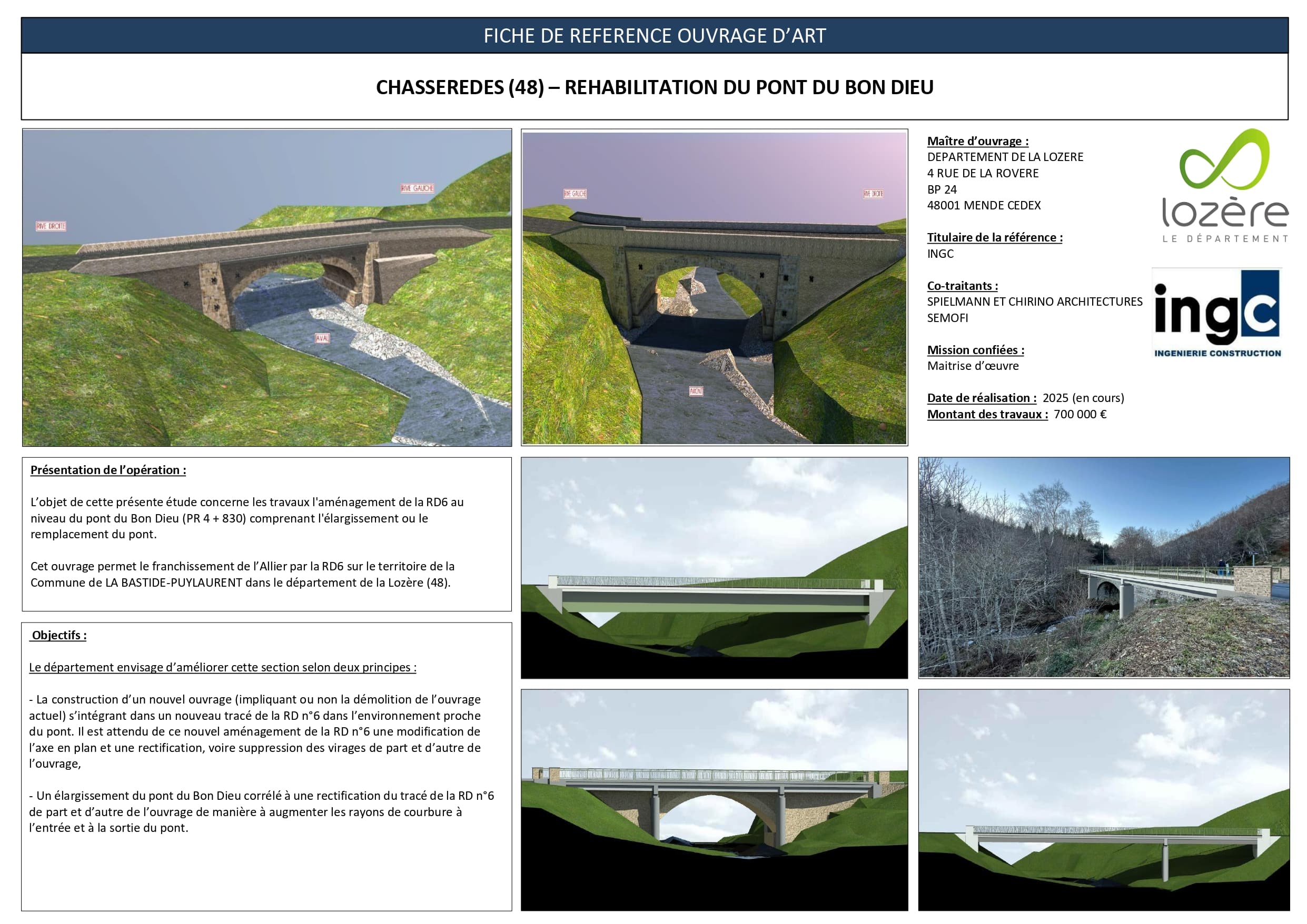 Projet réhabilitation du Pont du Bon Dieu, Chasserèdes (48). Rendu 3D et fiche technique ingénierie INGC.