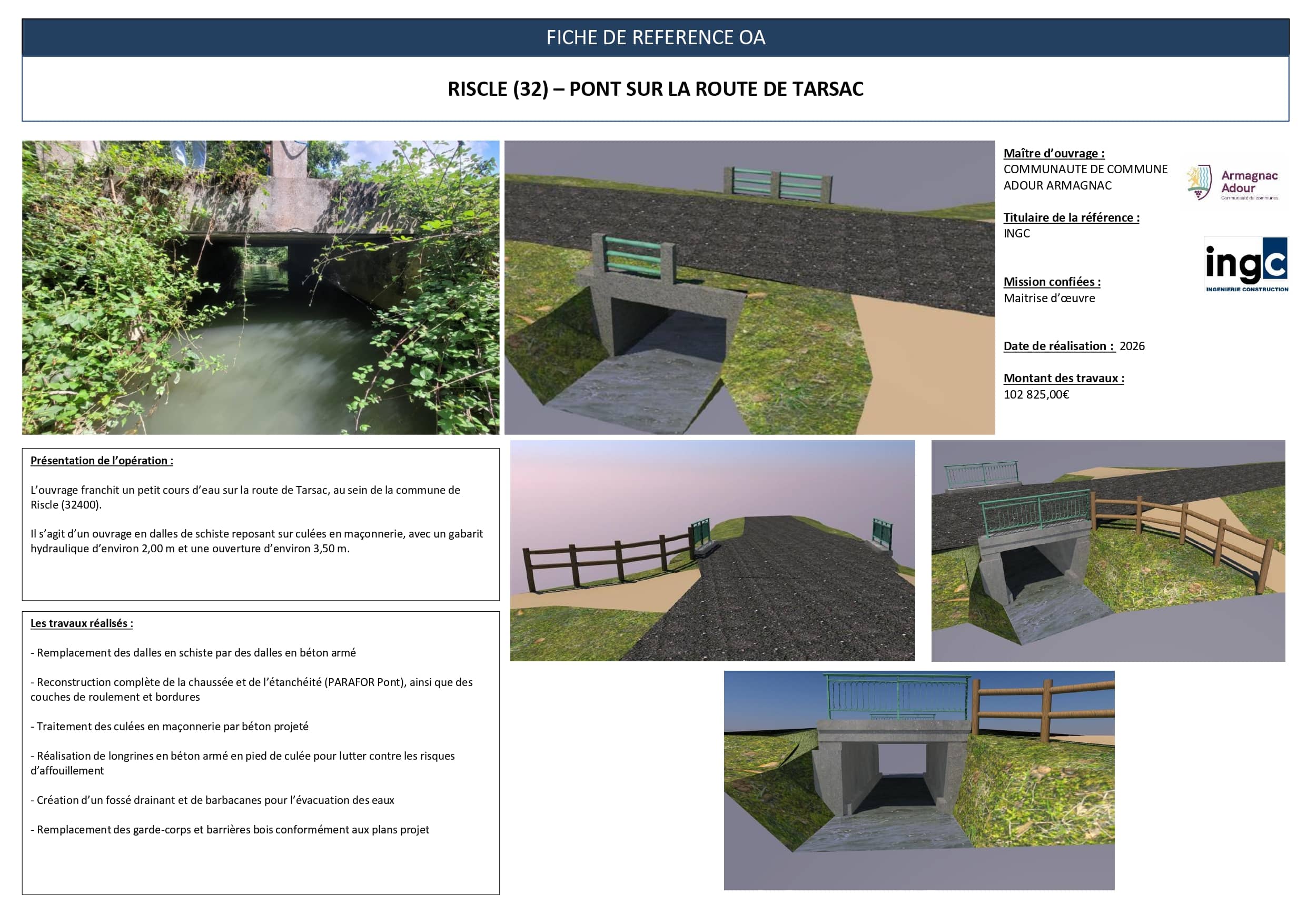 Fiche projet : pont sur la route de Tarsac à Riscle. Vues réelles et modélisations 3D de l'ouvrage.