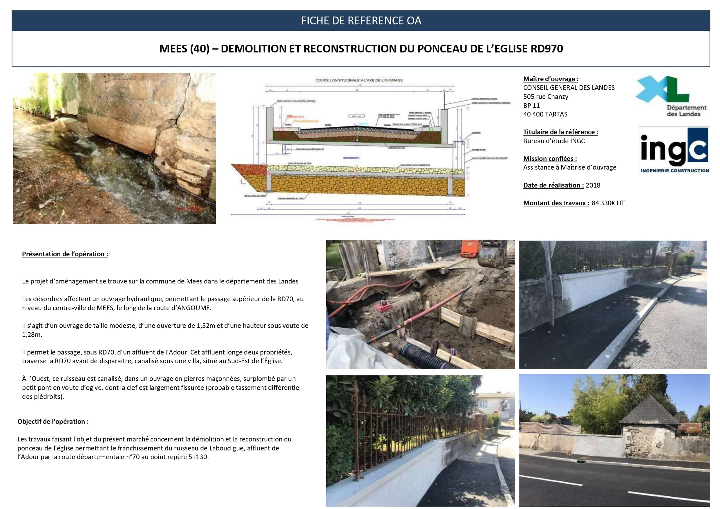 Fiche référence OA : reconstruction du ponceau de l'église RD970 à Mees. Plans techniques et photos de travaux.