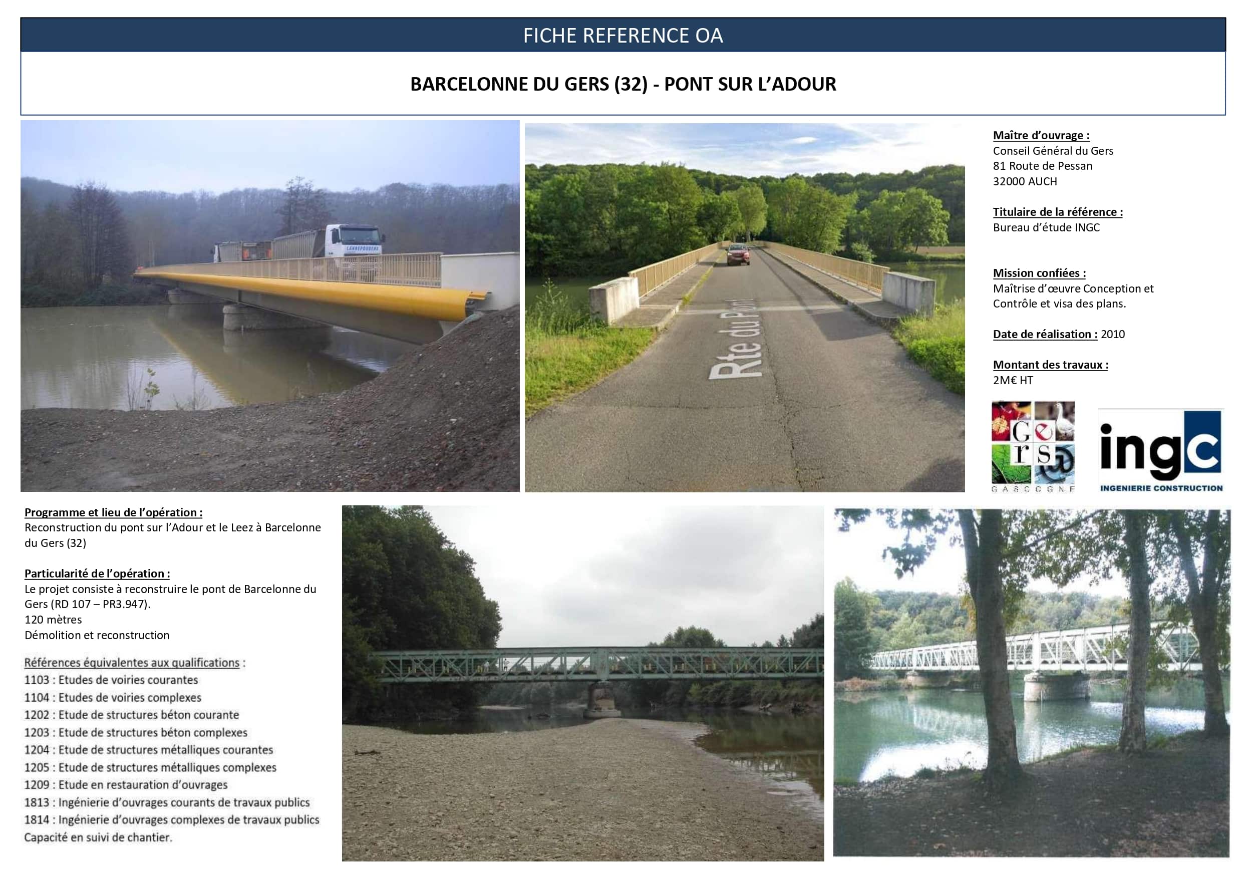 Fiche projet reconstruction pont sur l'Adour à Barcelonne du Gers par INGC. Vues du nouveau pont et de l'ancien treillis.