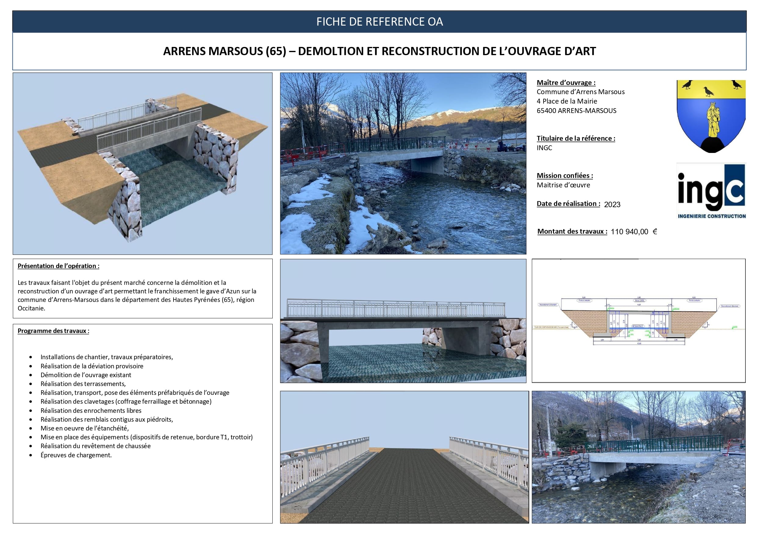 Fiche projet : reconstruction du pont d'Arrens-Marsous par INGC avec visuels 3D, photos et schémas techniques 2023.