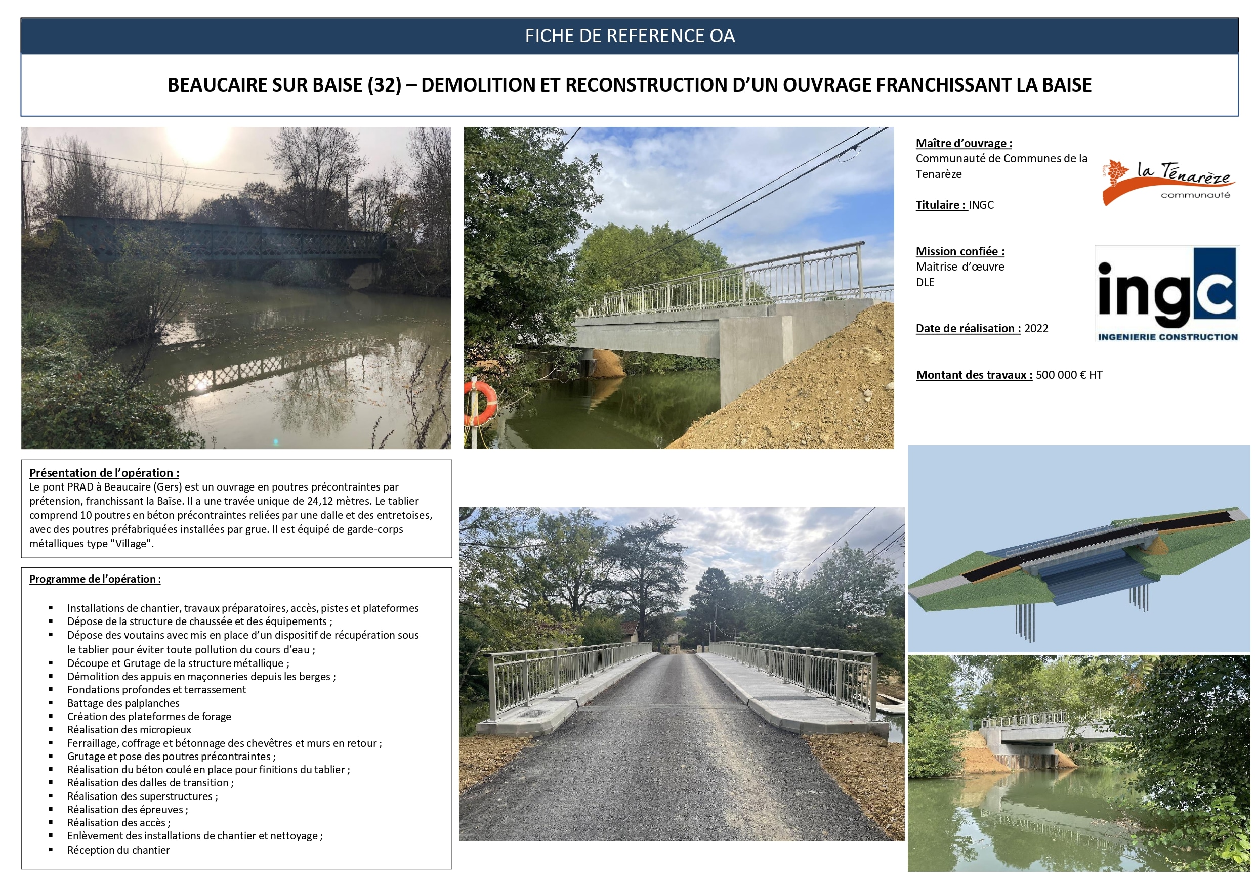 Fiche projet : reconstruction du pont PRAD sur la Baïse à Beaucaire-sur-Baïse par INGC en 2022.