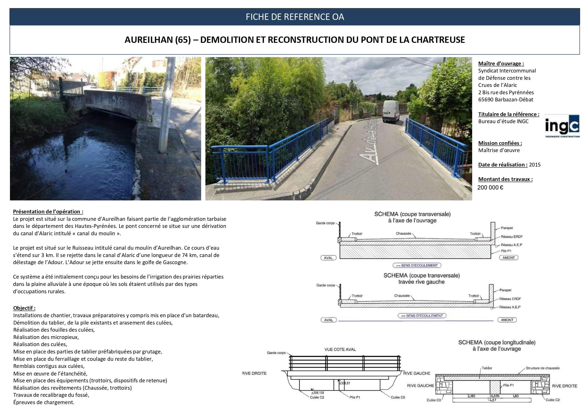 Fiche projet Aureilhan (65) : démolition et reconstruction du Pont de la Chartreuse. Photos et schémas techniques.