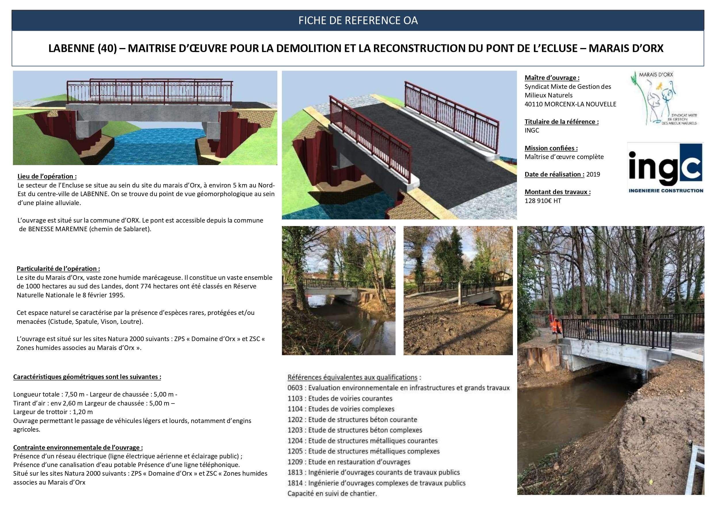 Fiche projet reconstruction Pont de l'Écluse, Labenne. Modèles 3D et photos du chantier au Marais d'Orx.