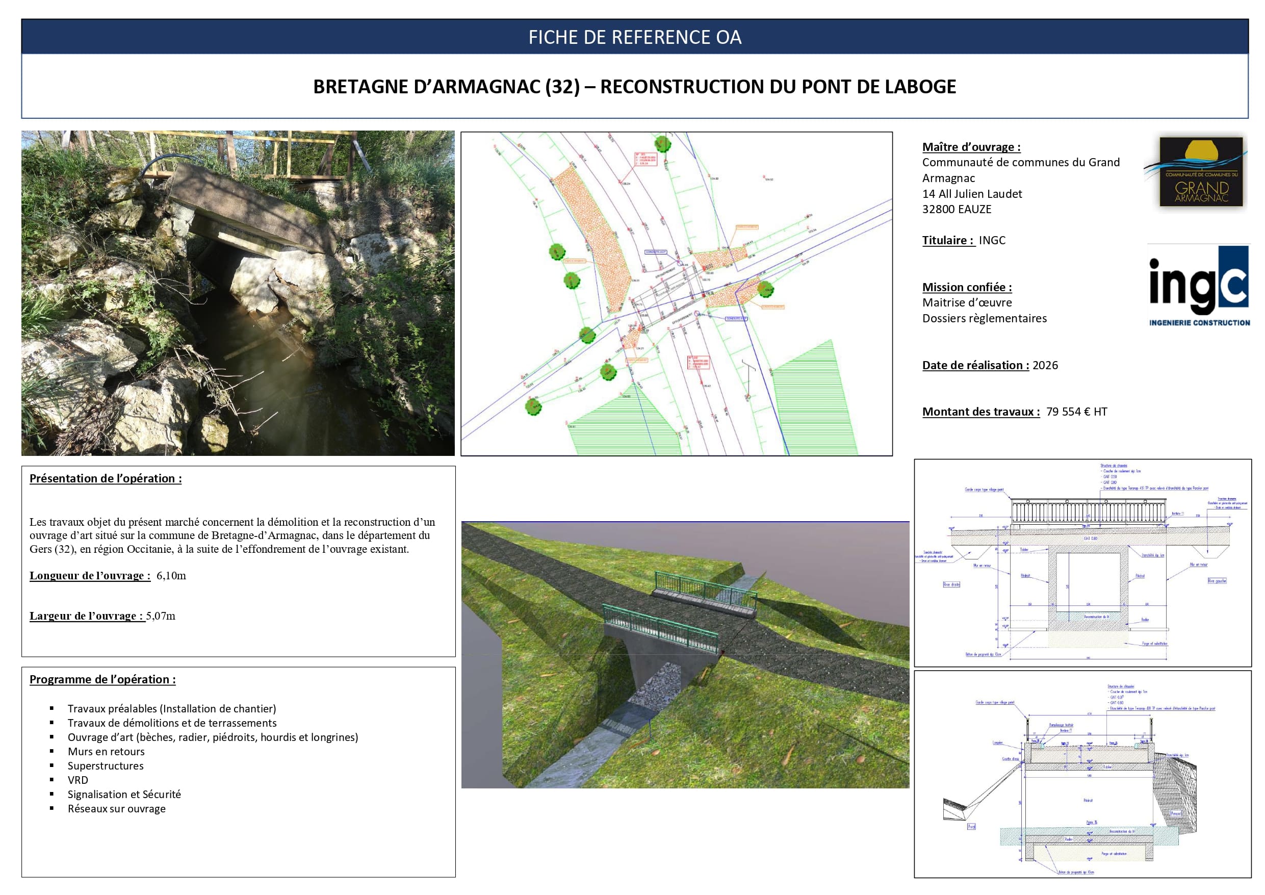 Fiche technique reconstruction Pont de Laboge, Gers : plans, modèle 3D et photo de l'ouvrage effondré à reconstruire.