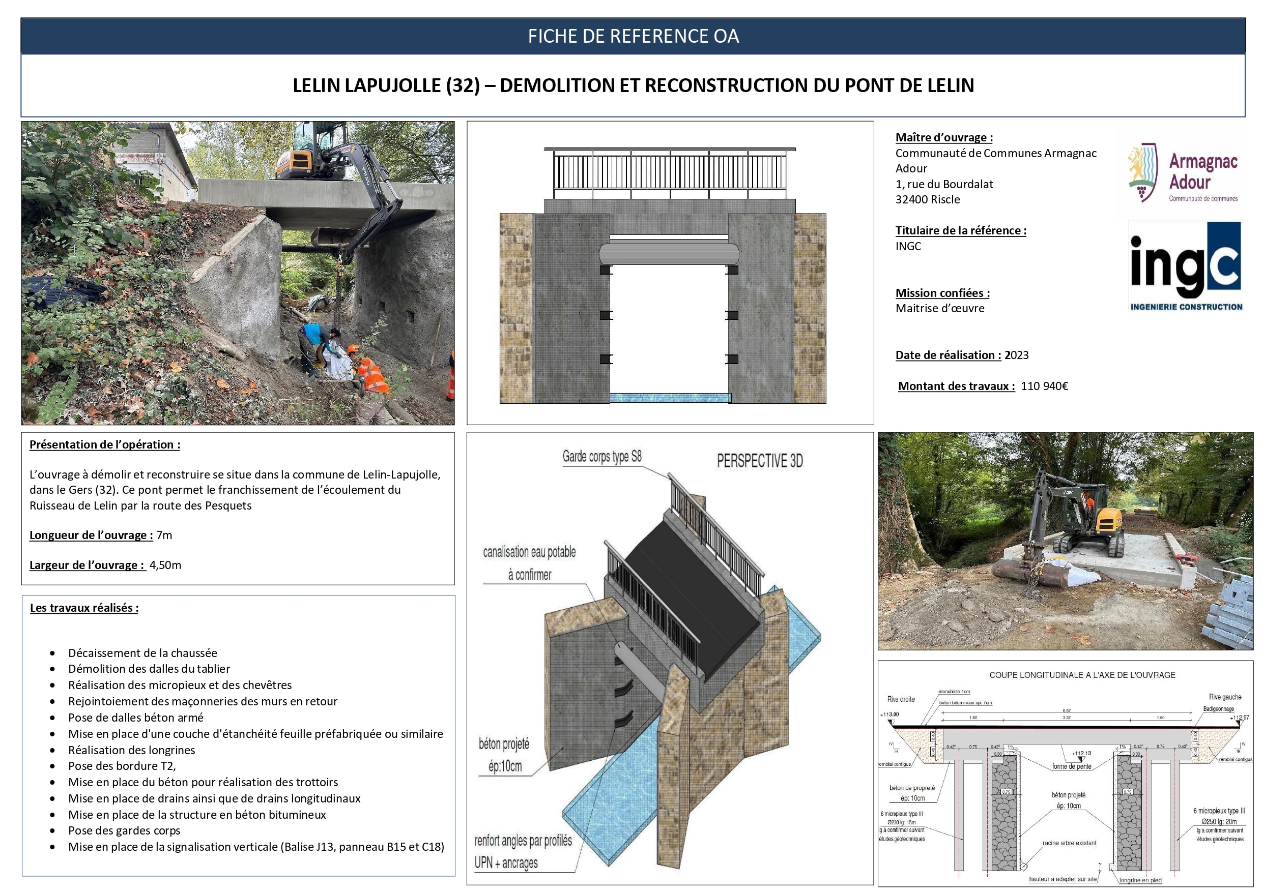 Fiche projet : reconstruction pont de Lelin. Vues de chantier, schémas 3D et plans techniques d'ouvrage d'art.