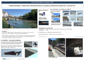 Fiche projet pont Peyramale, Lourdes : reconstruction Gave de Pau par INGC. Schémas techniques et photos de chantier.