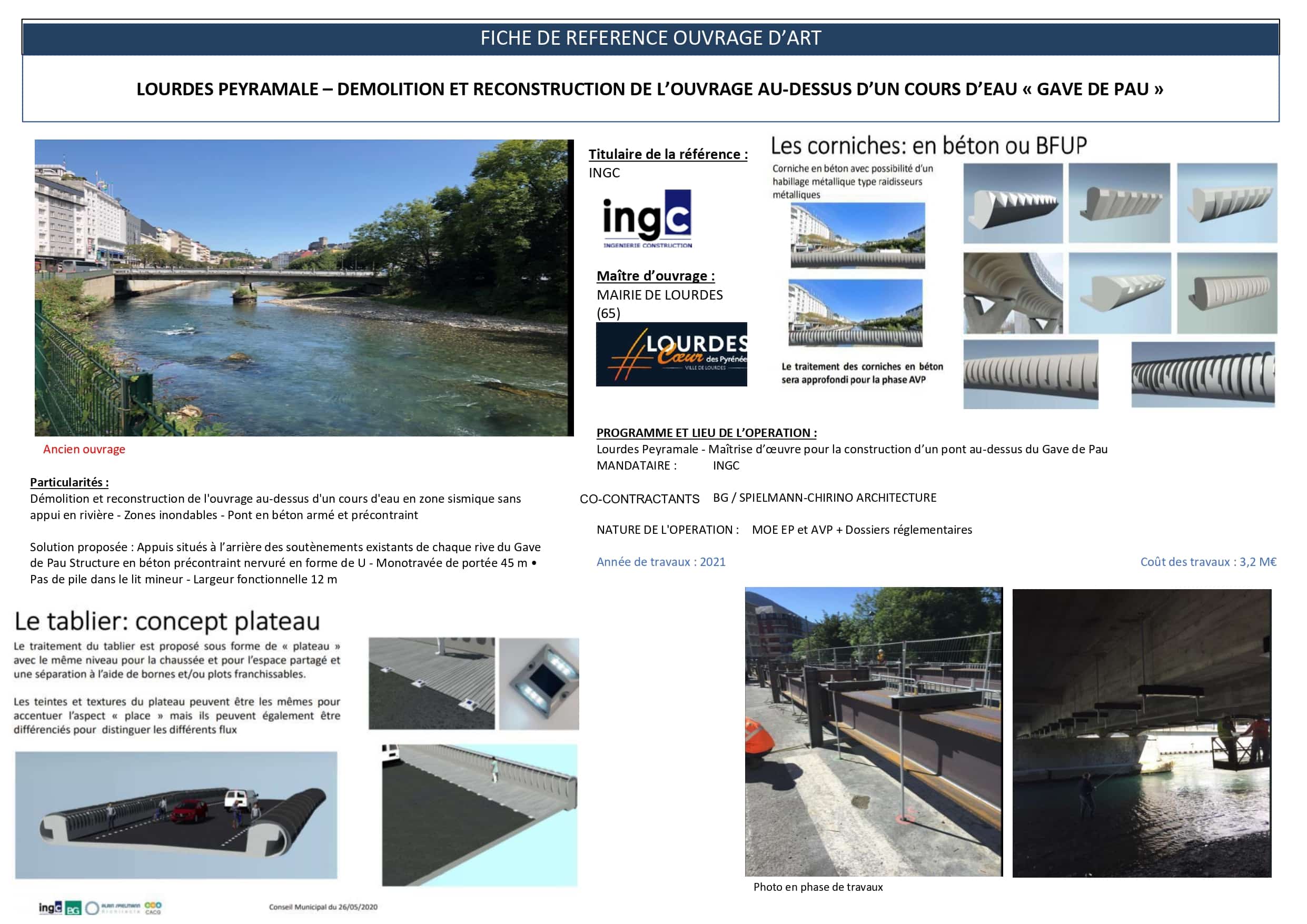 Fiche projet pont Peyramale, Lourdes : reconstruction Gave de Pau par INGC. Schémas techniques et photos de chantier.