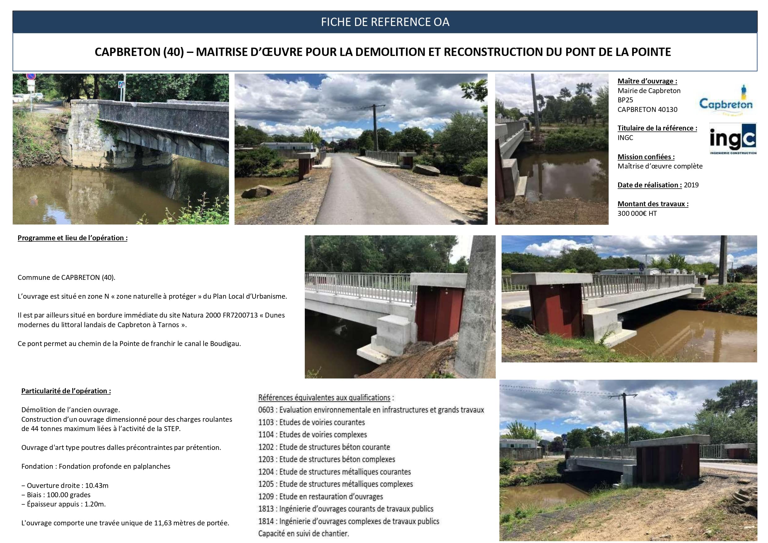 Reconstruction du Pont de la Pointe à Capbreton par INGC. Maîtrise d’œuvre, pont en béton, canal Boudigau.