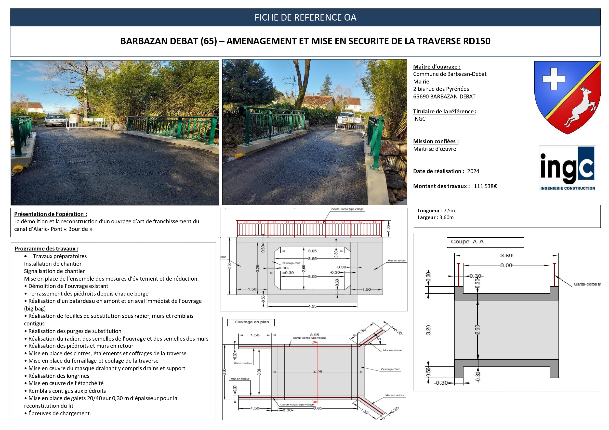 Fiche projet Barbazan-Debat : plans et photos de la reconstruction du pont Bouride sur le canal d'Alaric, RD150.