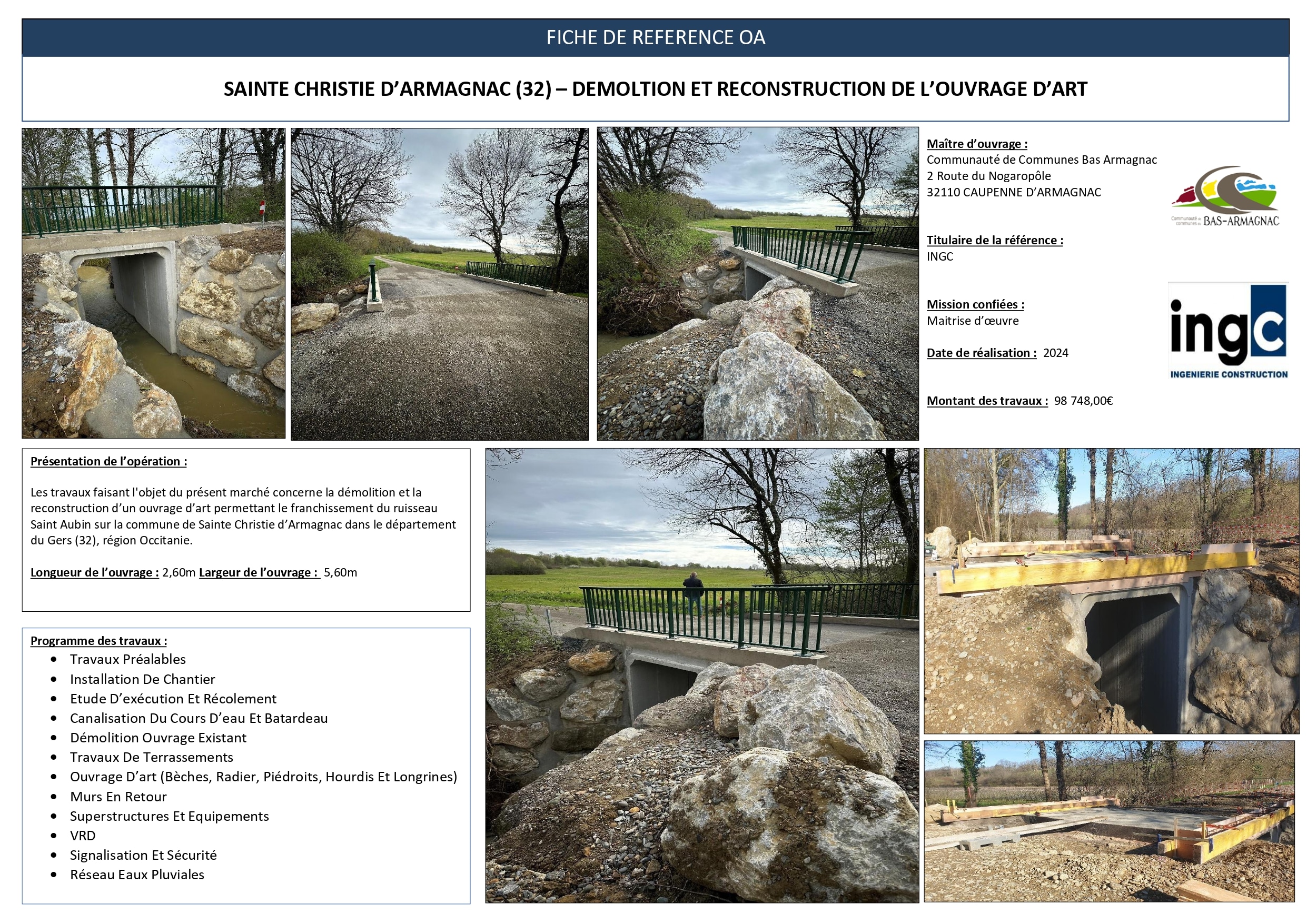 Reconstruction d'un ouvrage d'art à Sainte Christie d'Armagnac (32). Pont avec garde-corps et enrochement par INGC.