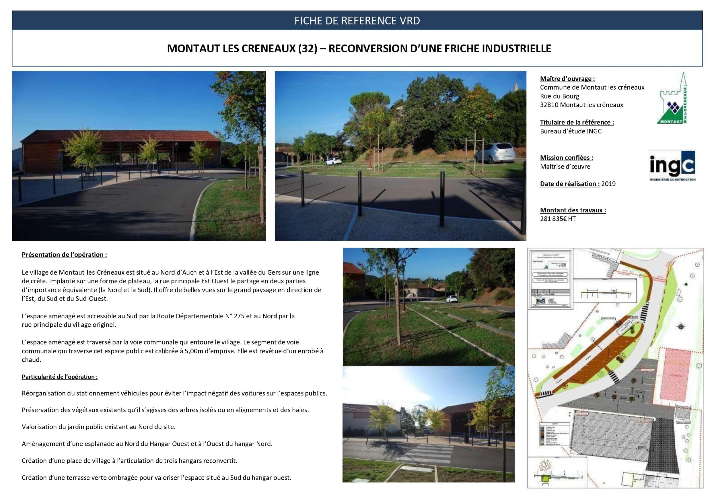 Fiche VRD : reconversion de friche à Montaut-les-Créneaux avec aménagements, parkings et plan de masse.
