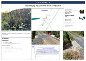 Fiche référence INGC : réhabilitation mur de soutènement Cazaubon (32), remplacement buse et travaux de maçonnerie.