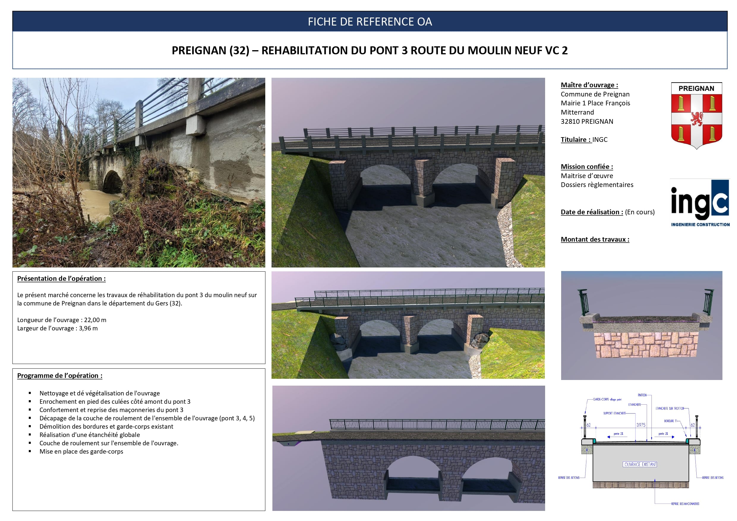 Fiche technique réhabilitation Pont 3 Preignan : photos de l'état actuel, modèles 3D et détails du projet de génie civil.