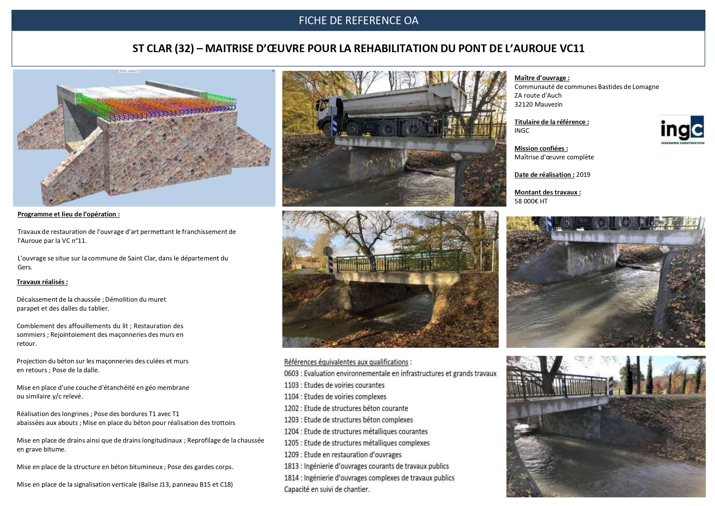 Fiche INGC : réhabilitation du pont de l'Auroue VC11 à Saint-Clar. Modèle 3D et vues de l'ouvrage rénové.