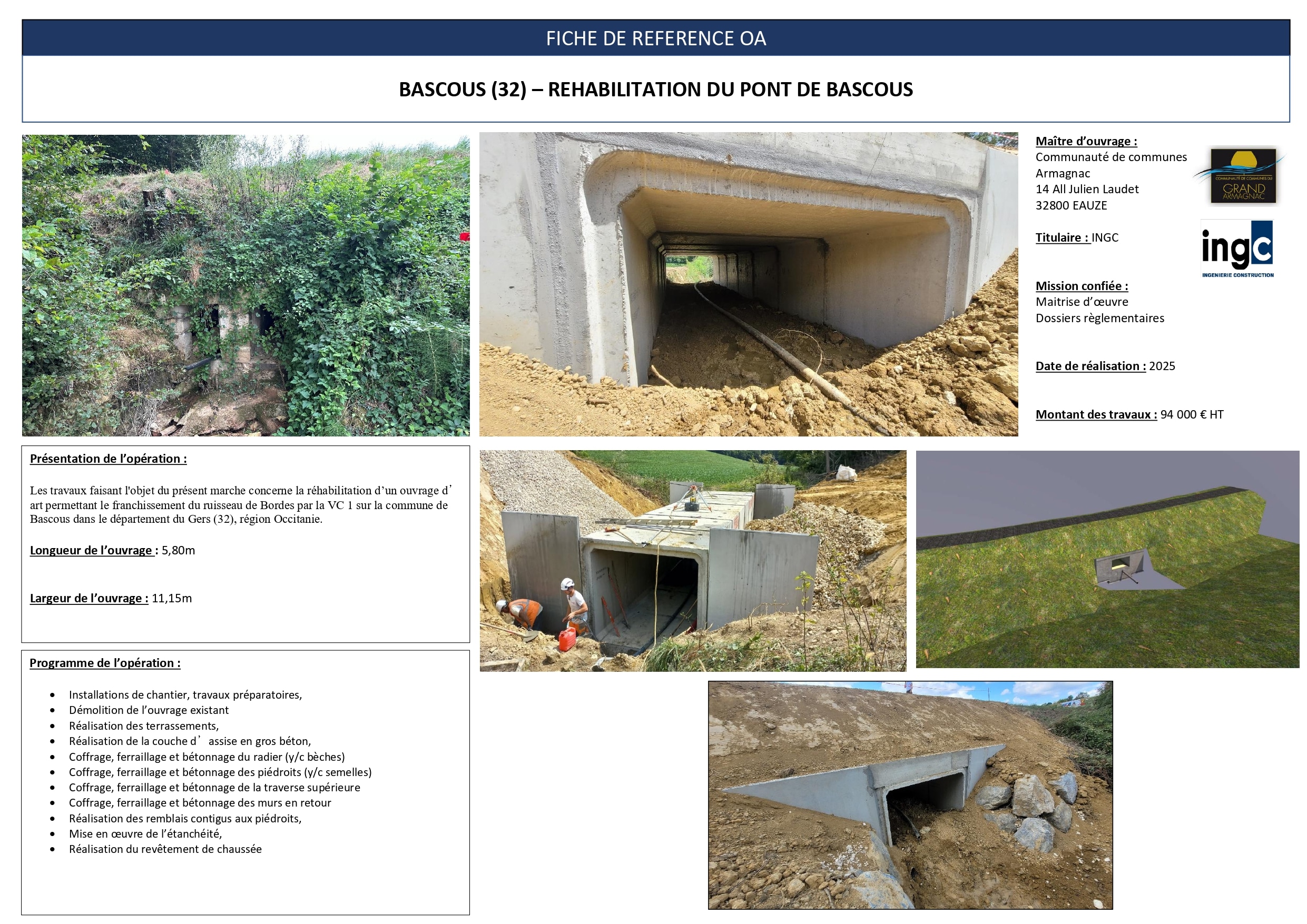 Fiche technique : réhabilitation du pont de Bascous, Gers. Photos de la structure béton et étapes de chantier.