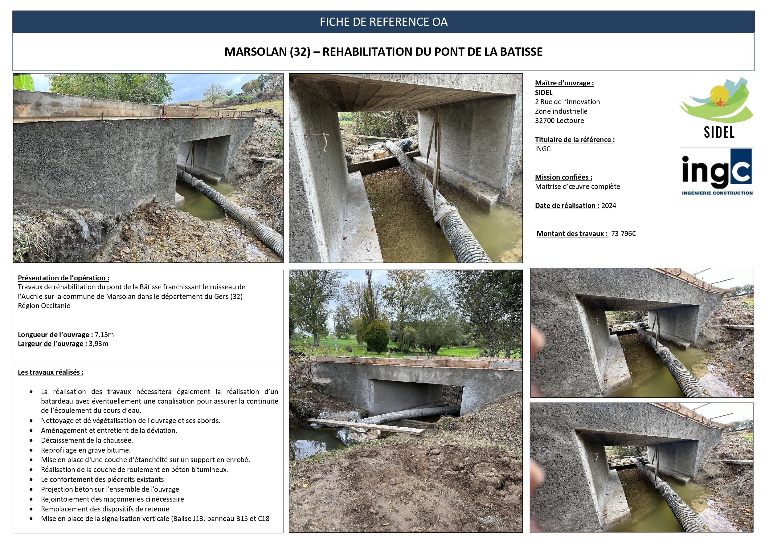 Réhabilitation du Pont de la Bâtisse à Marsolan (32) : photos de chantier et fiche technique de l'ouvrage d'art.