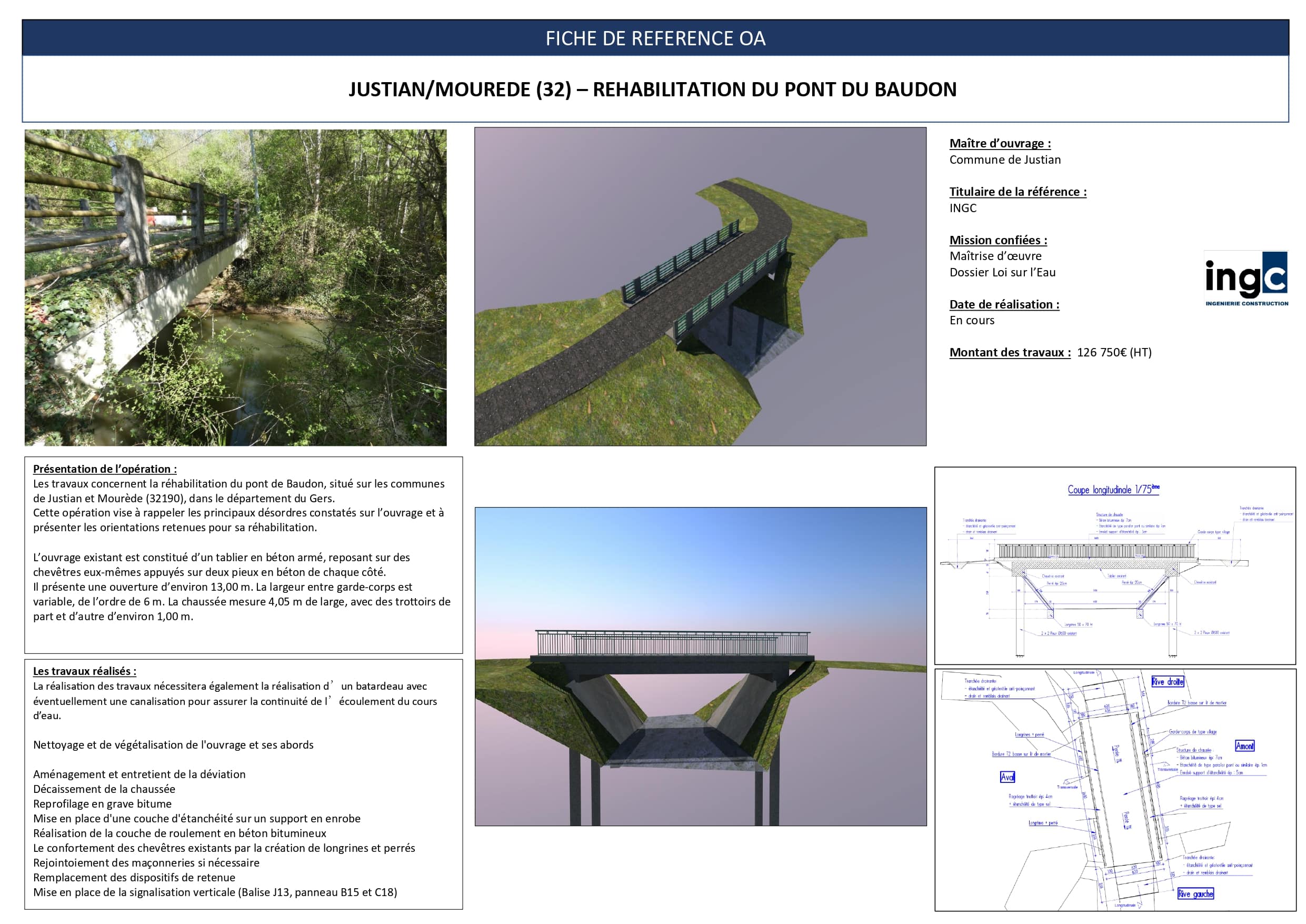 Fiche technique de réhabilitation du pont du Baudon à Justian. Inclut photos, rendus 3D et plans d'ingénierie INGC.