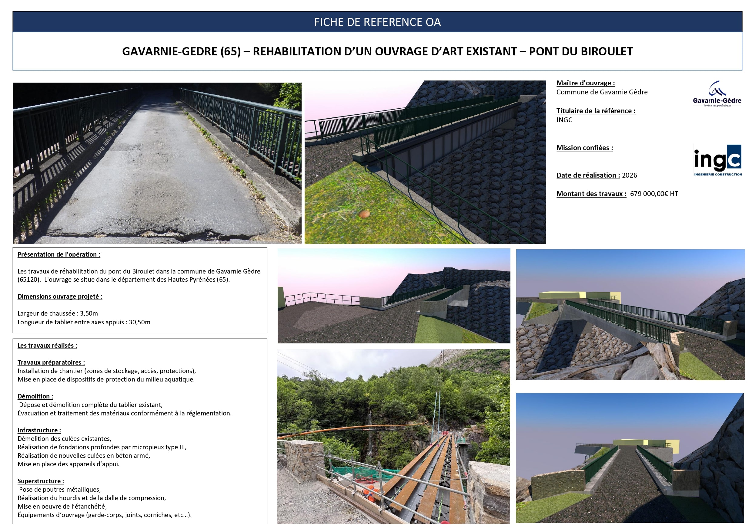 Fiche technique INGC : réhabilitation du pont du Biroulet à Gavarnie-Gèdre. Détails travaux et visuels 3D du projet.