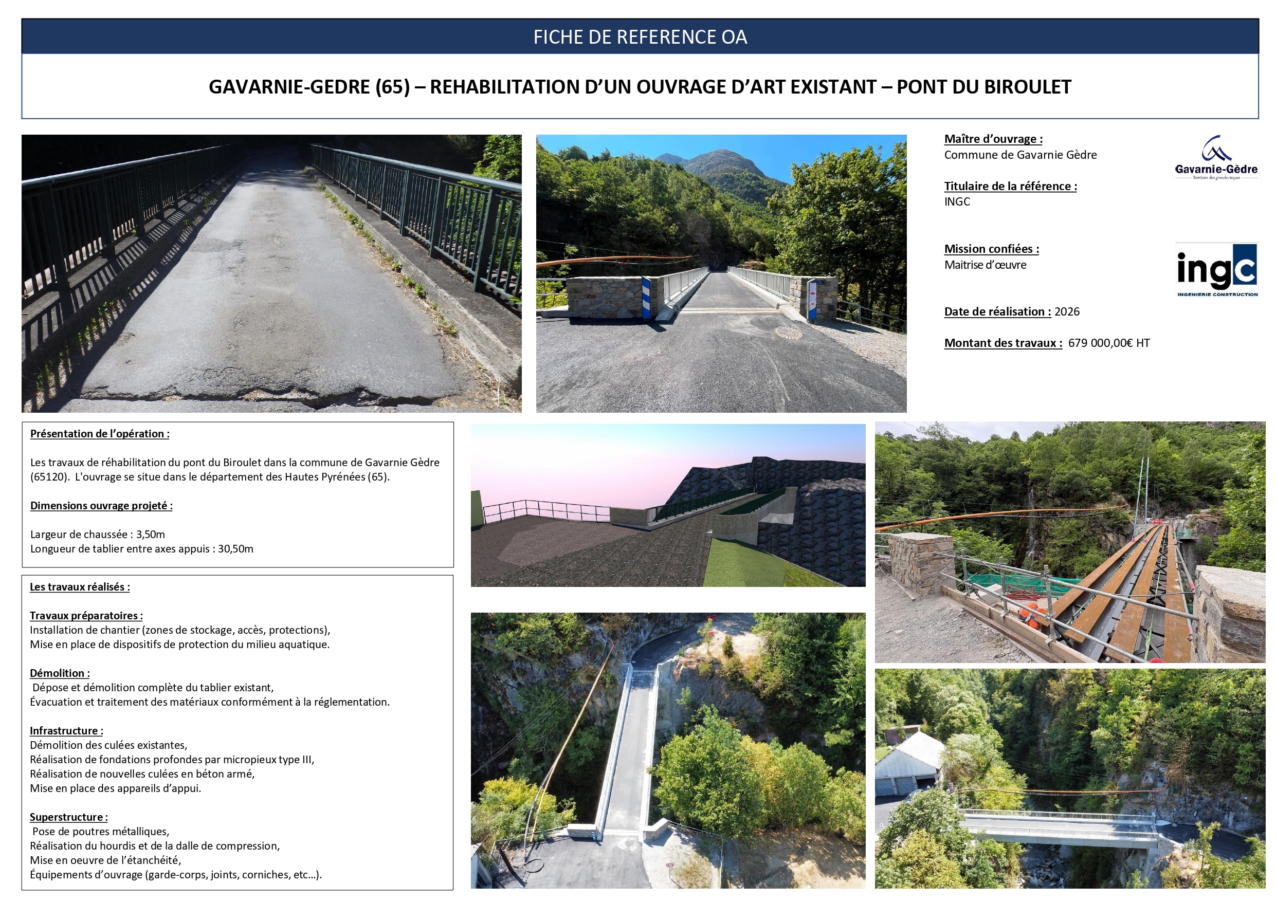 Fiche technique réhabilitation Pont du Biroulet, Gavarnie-Gèdre par INGC. Photos de chantier et modélisation 3D.