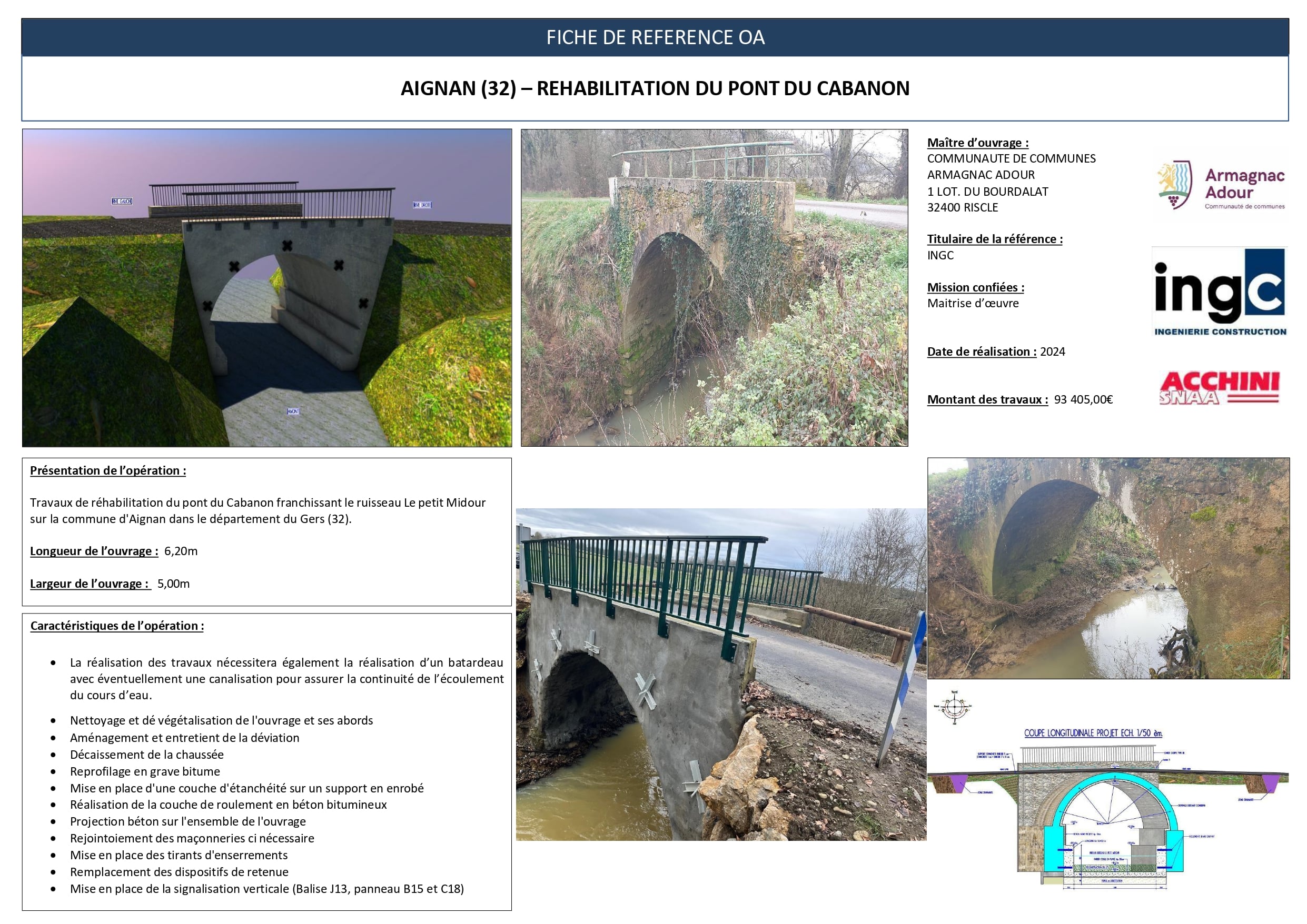 Réhabilitation du Pont du Cabanon à Aignan par INGC : plans techniques, photos avant/après et détails du chantier.