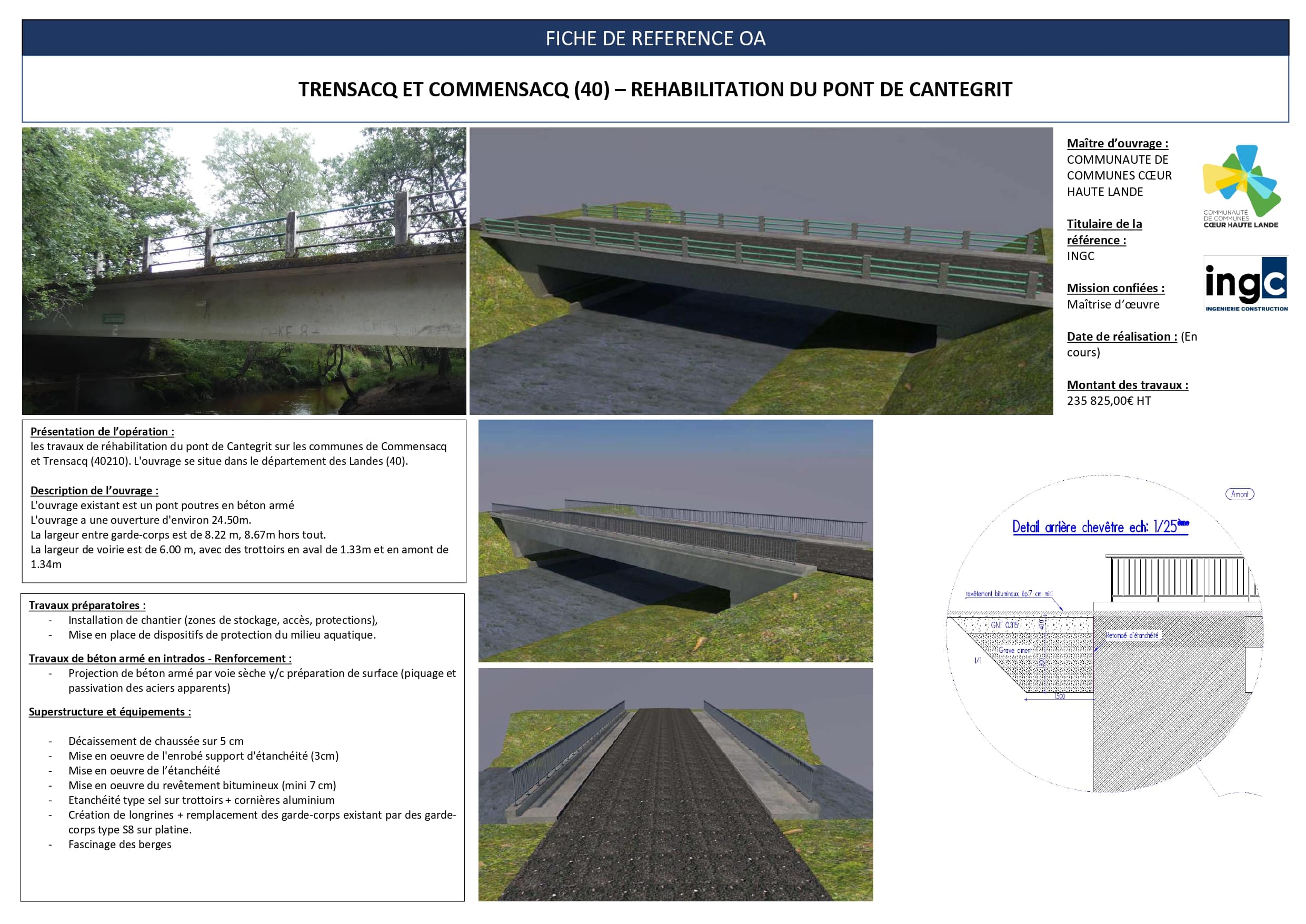 Fiche technique réhabilitation du Pont de Cantegrit (40). Visuels 3D, schémas et détails des travaux par INGC.