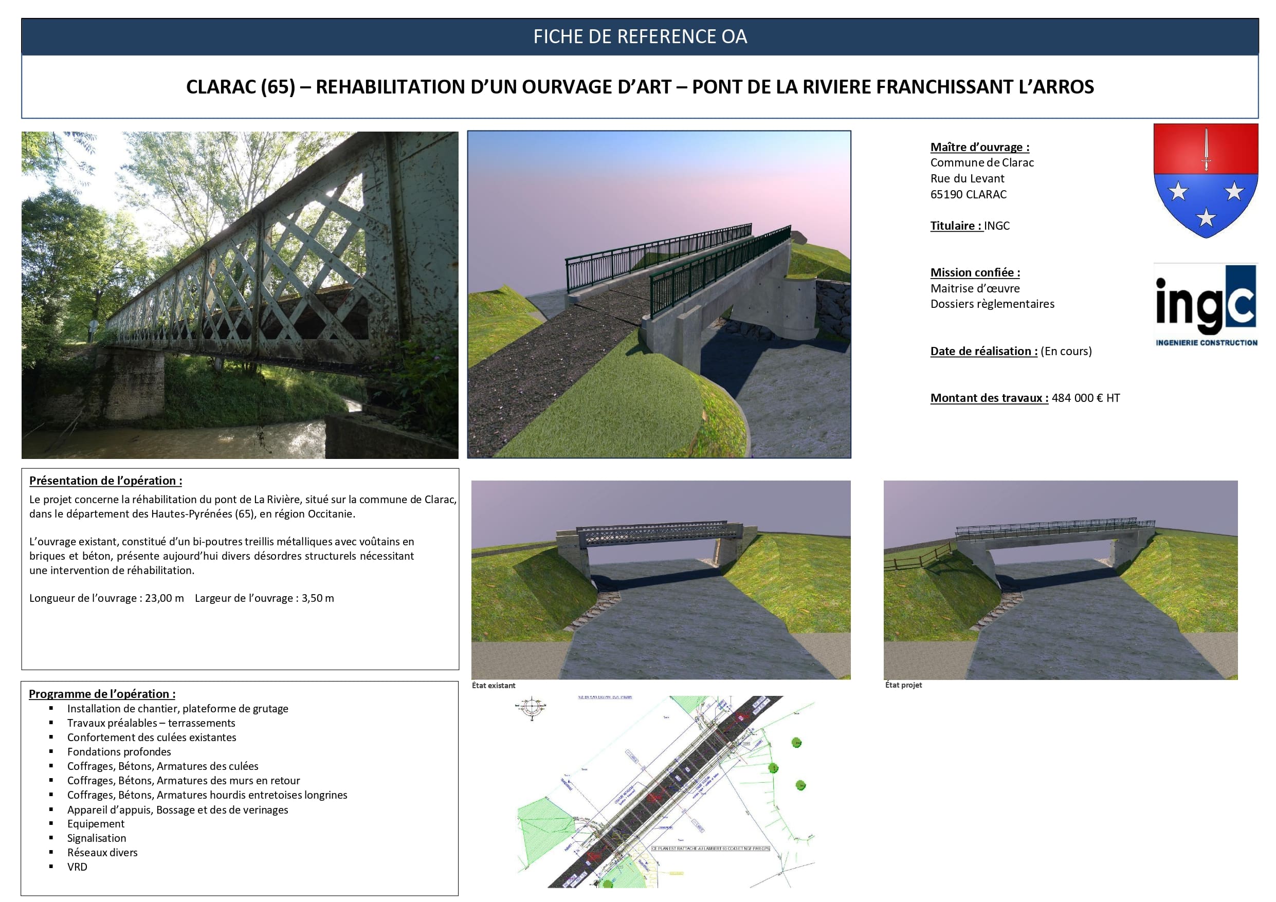Réhabilitation du pont de la Rivière à Clarac (65) franchissant l'Arros. Projet INGC, modèles 3D et données techniques.