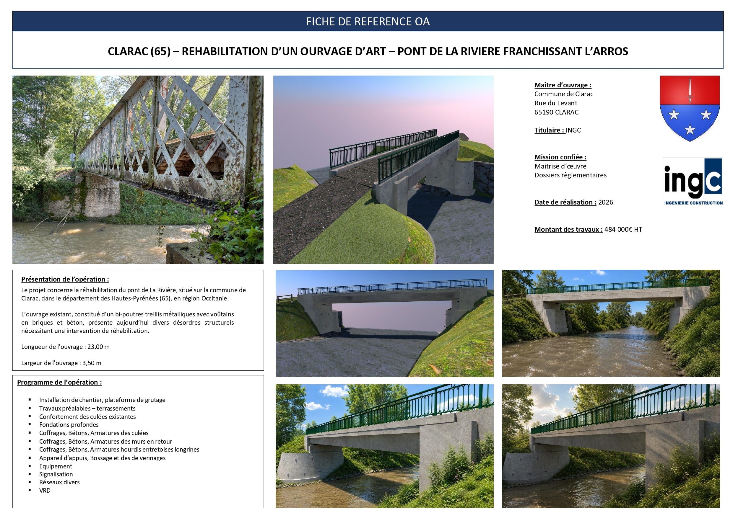 Fiche projet réhabilitation du pont de Clarac sur l'Arros. Visuels 3D et détails du chantier par INGC.