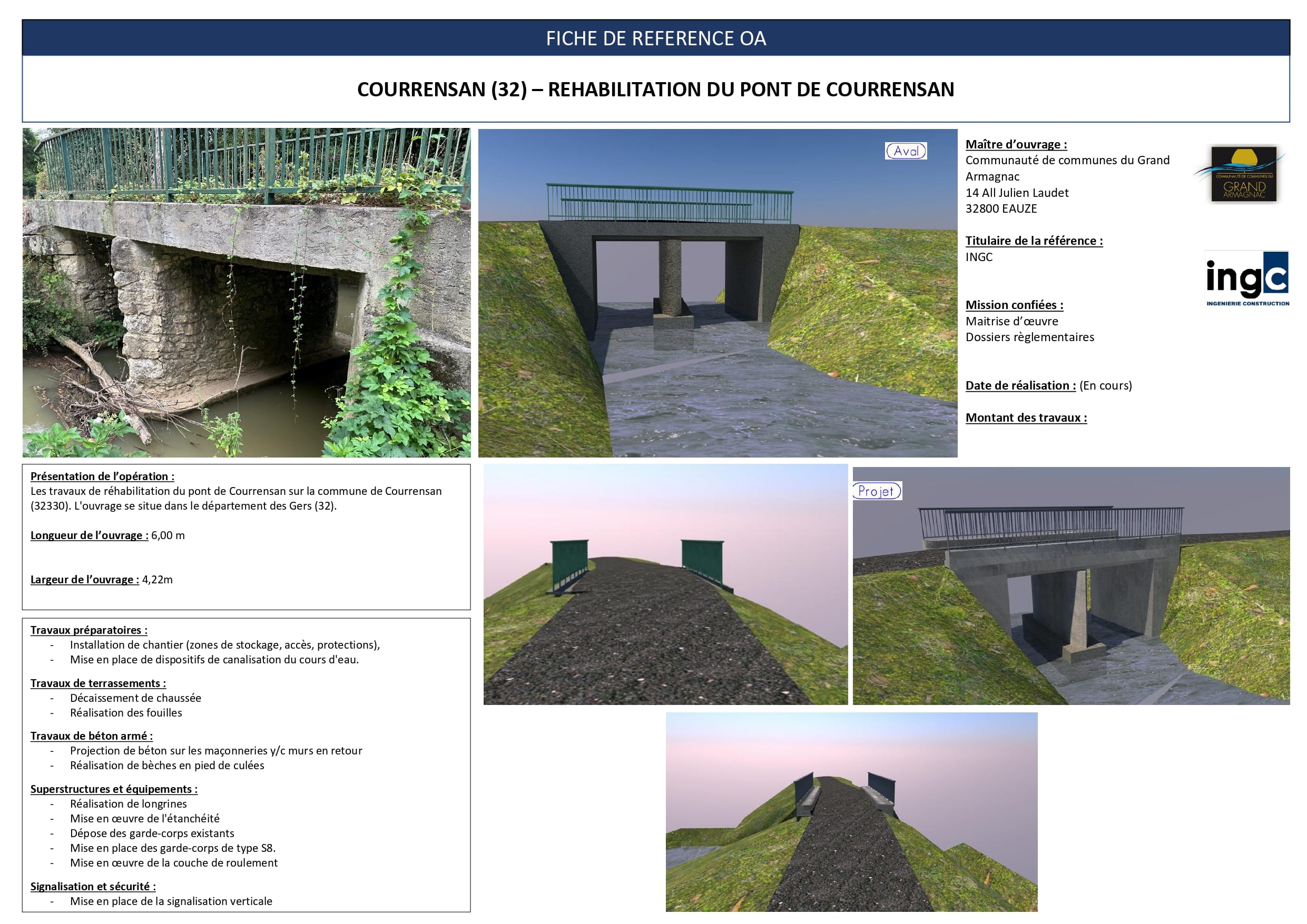 Fiche technique de réhabilitation du pont de Courrensan (32) par INGC montrant l'existant et les rendus 3D du projet.