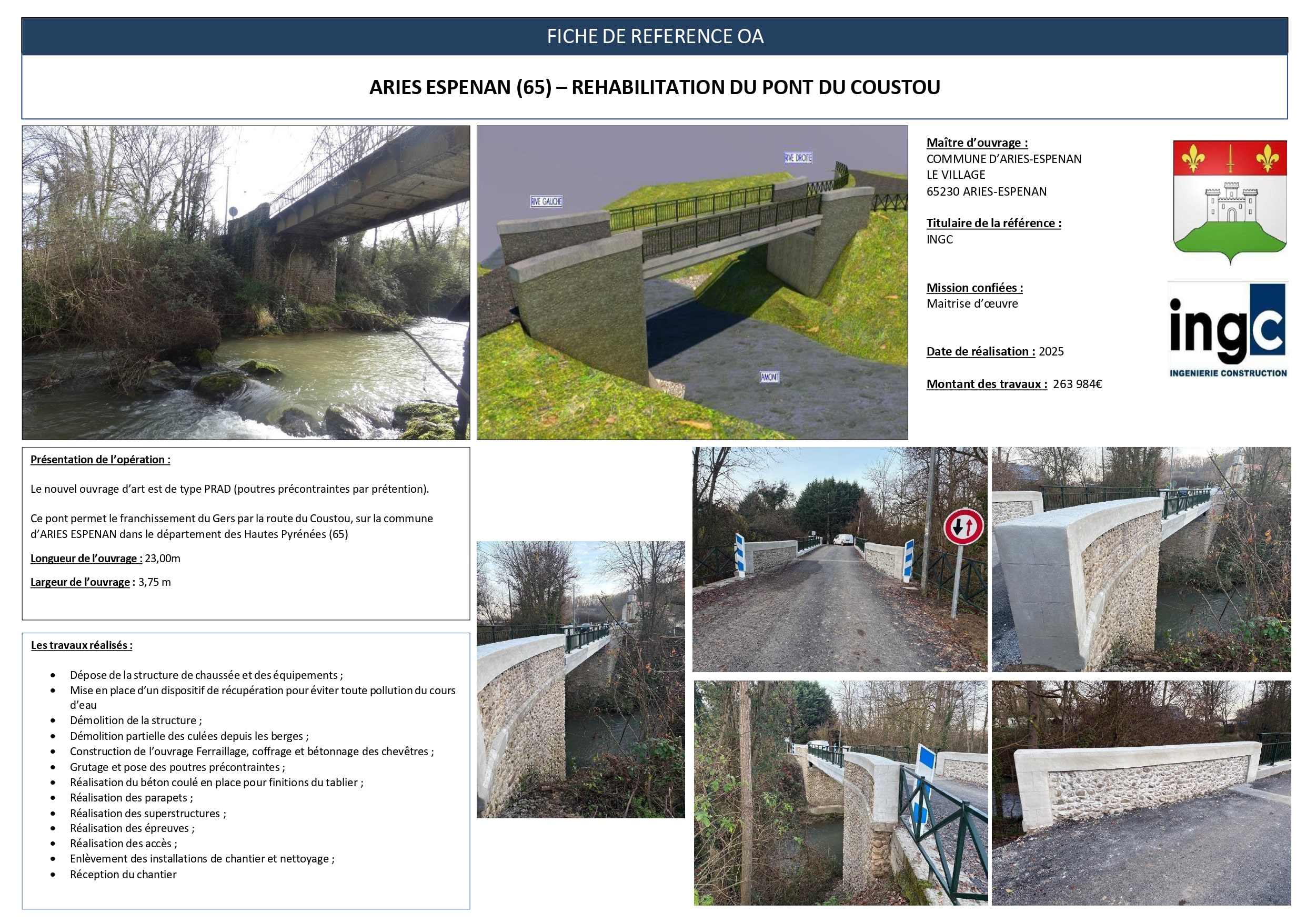 Fiche référence : réhabilitation du Pont du Coustou à Aries-Espenan. Vues techniques et photos de l'ouvrage par INGC.