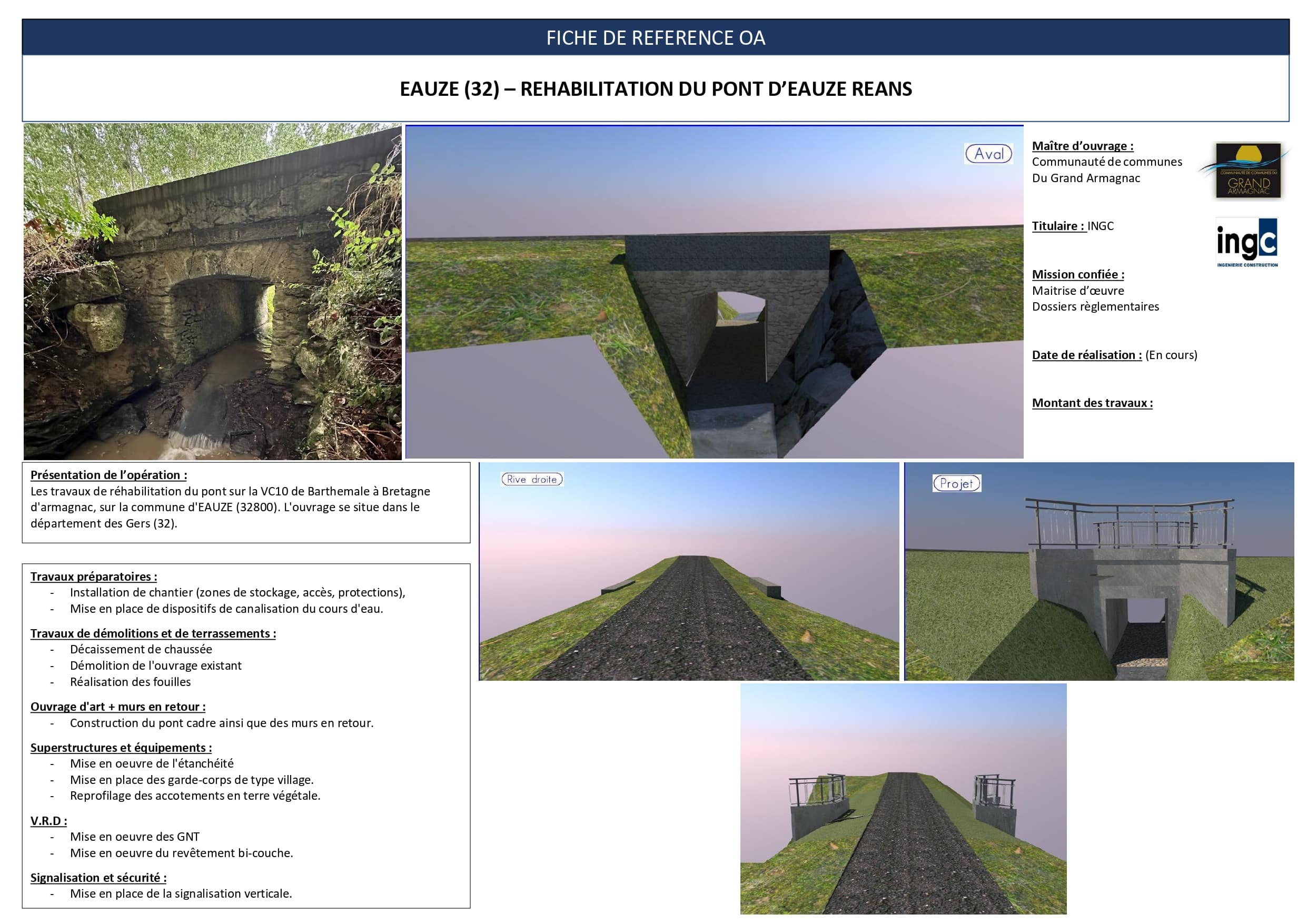 Fiche projet réhabilitation pont d'Eauze Reans : état initial et vues 3D du futur ouvrage de génie civil.
