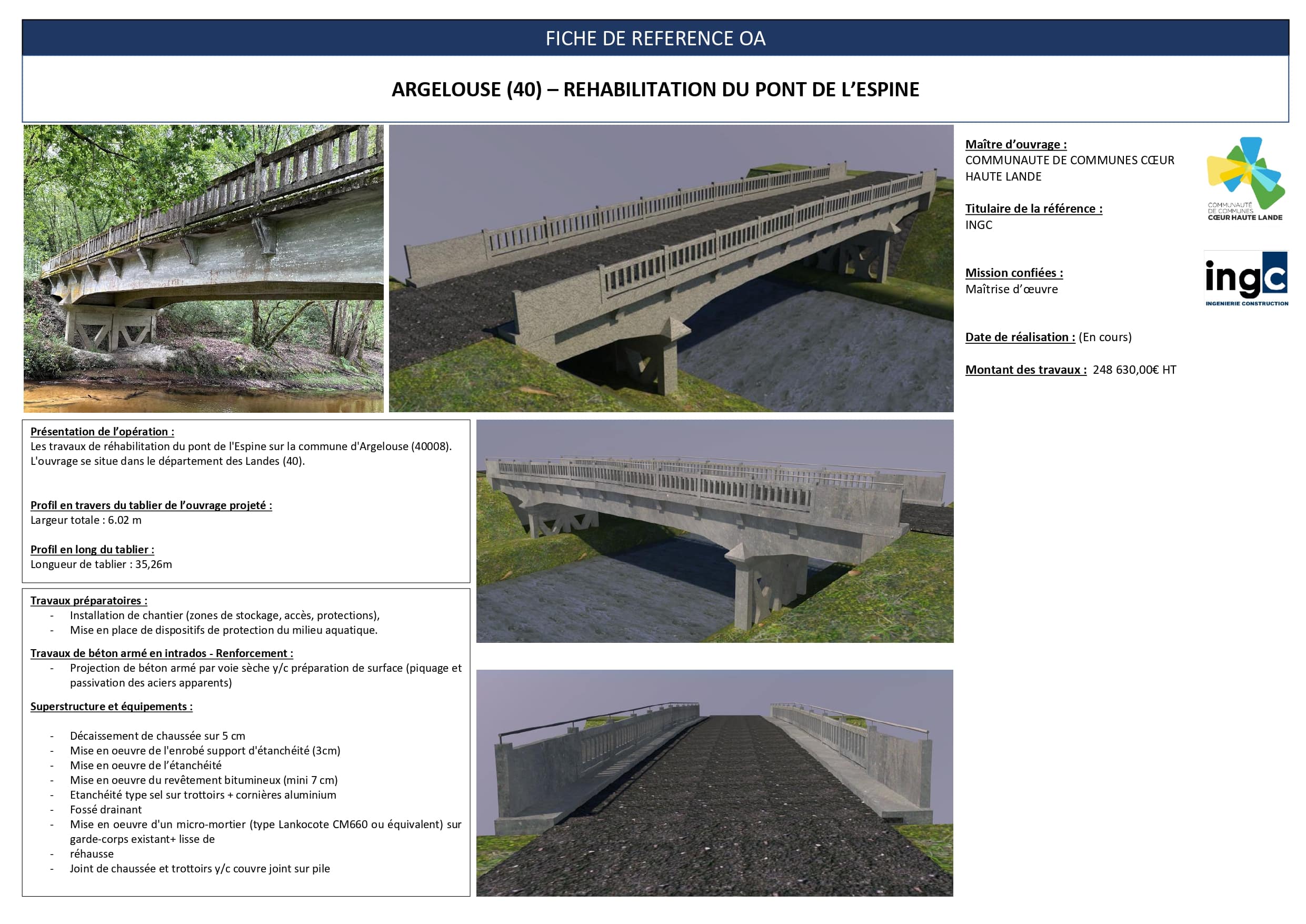 Fiche de réhabilitation du Pont de l'Espine à Argelouse (40) par INGC, avec photos et modélisations 3D du projet.