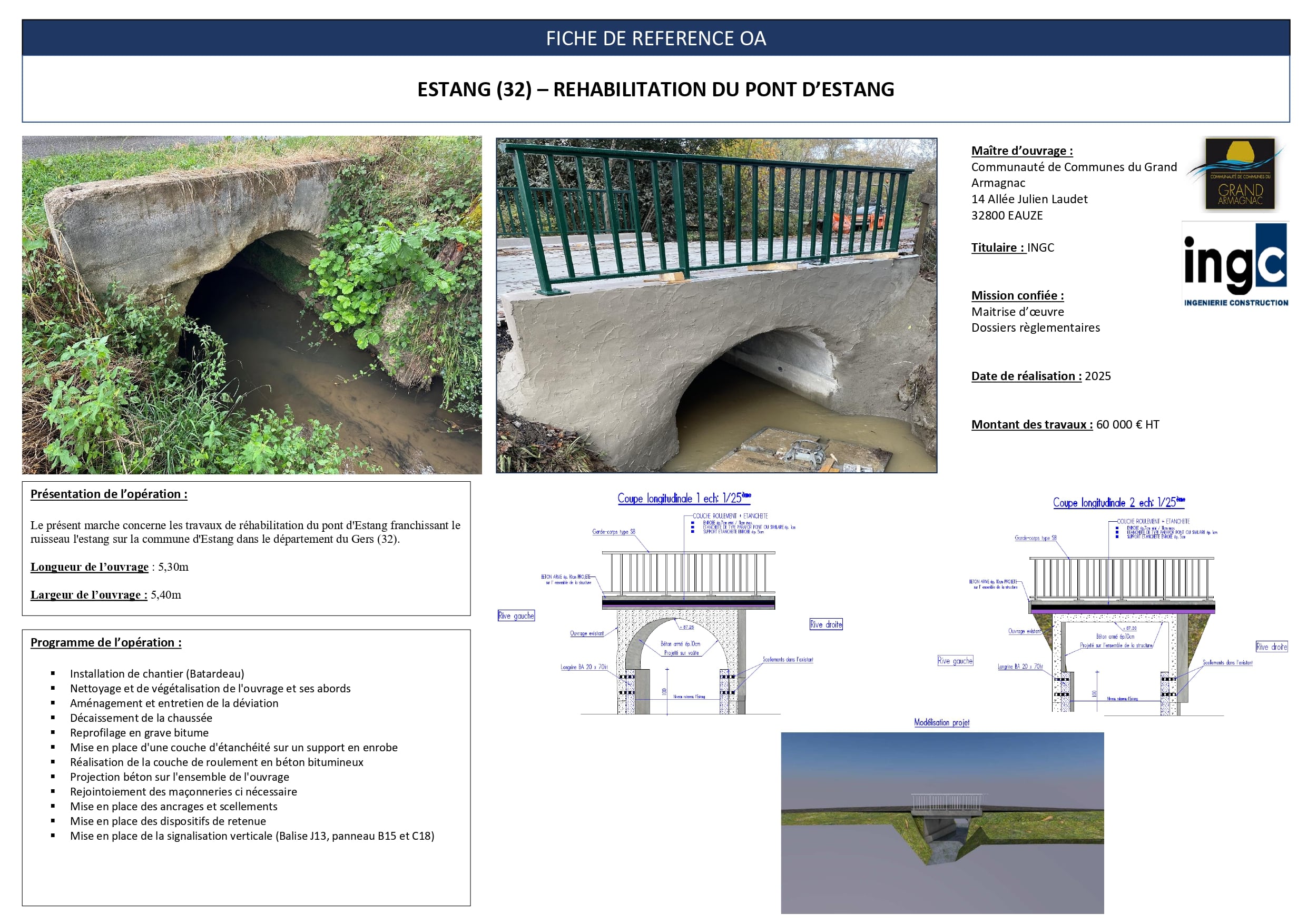 Fiche technique réhabilitation Pont d'Estang (32) : photos, coupes techniques et programme des travaux par INGC.