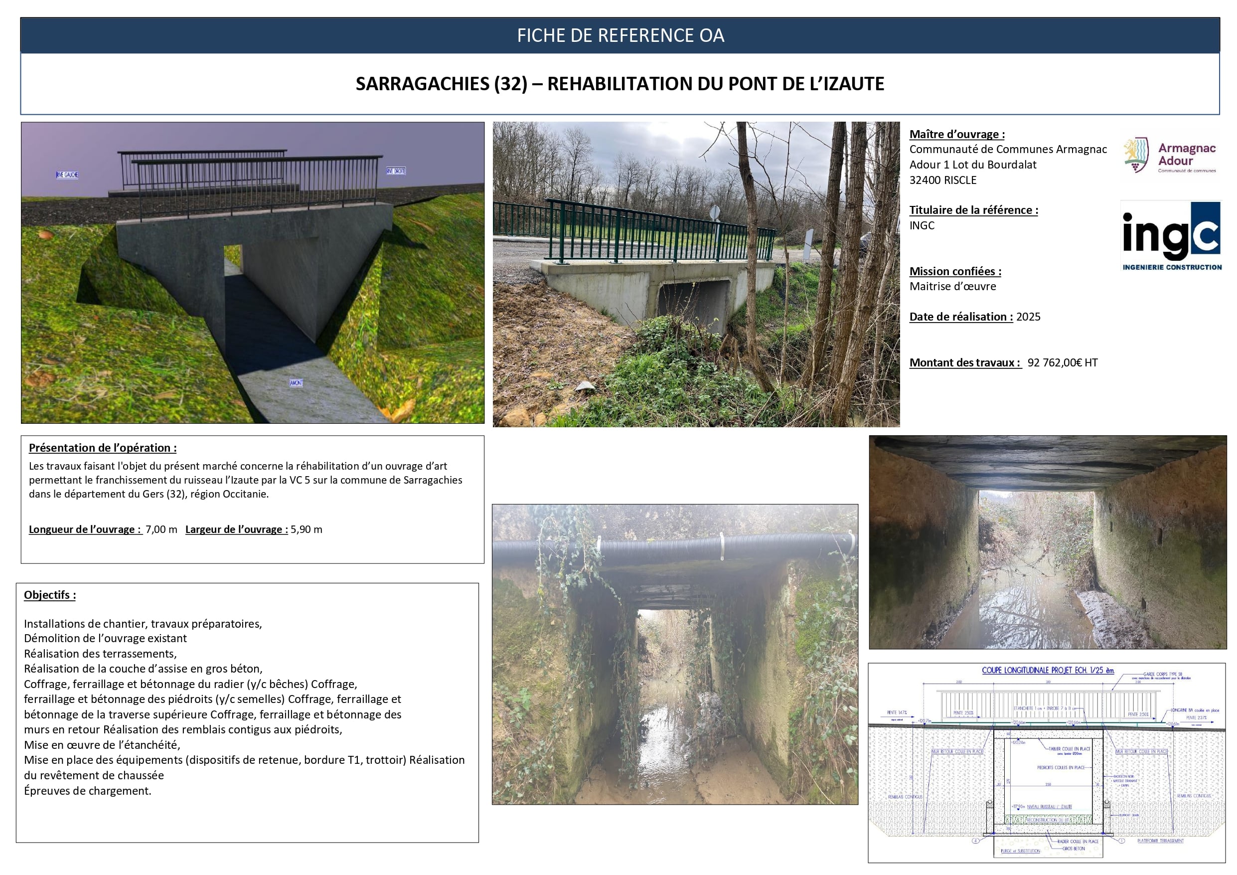 Fiche technique de réhabilitation du Pont de l'Izaute à Sarragachies par INGC incluant plans, photos et coûts de travaux.