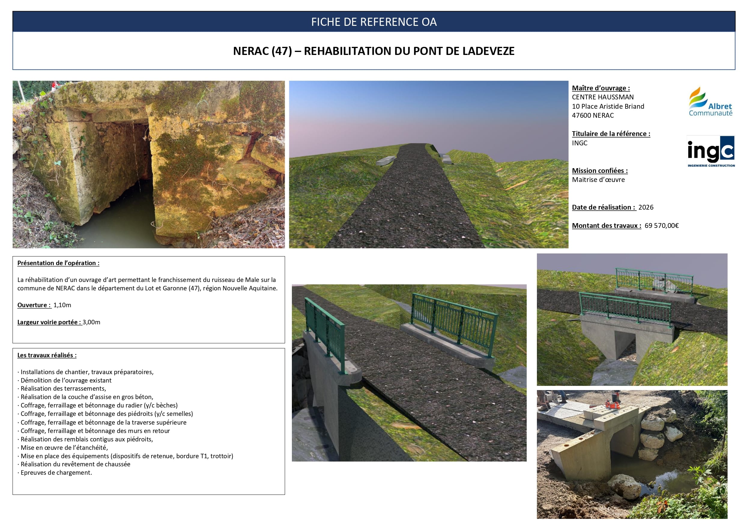 Fiche projet réhabilitation du pont de Ladévèze à Nérac, montrant l'état dégradé, des modélisations 3D et le chantier.