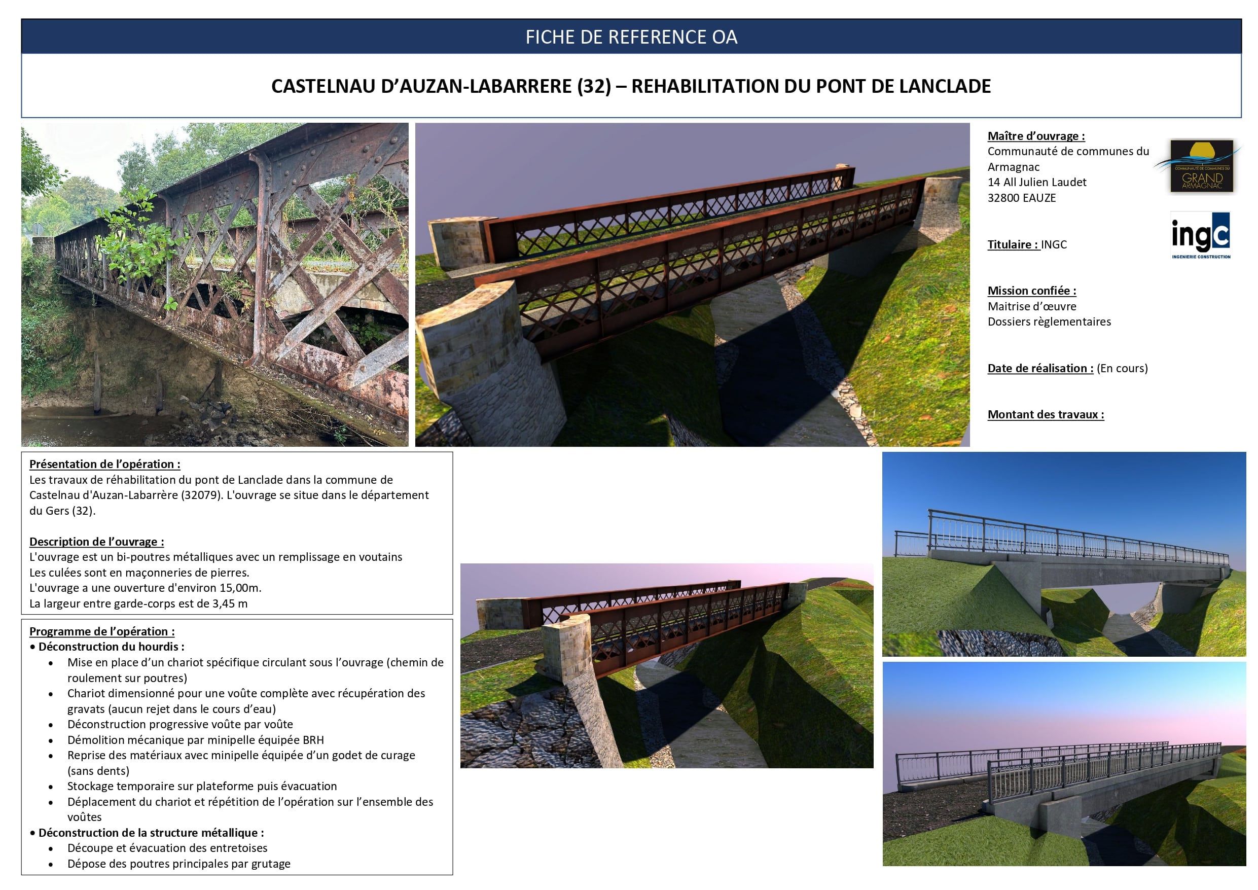 Fiche projet réhabilitation du Pont de Lanclade à Castelnau d’Auzan-Labarrère : rendus 3D et descriptif technique OA.