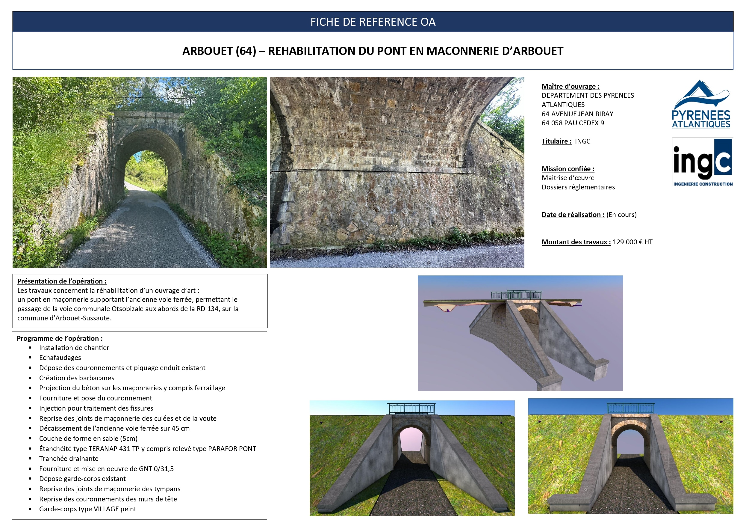 Fiche technique : réhabilitation du pont en maçonnerie d'Arbouet avec photos, modélisations 3D et descriptif travaux.
