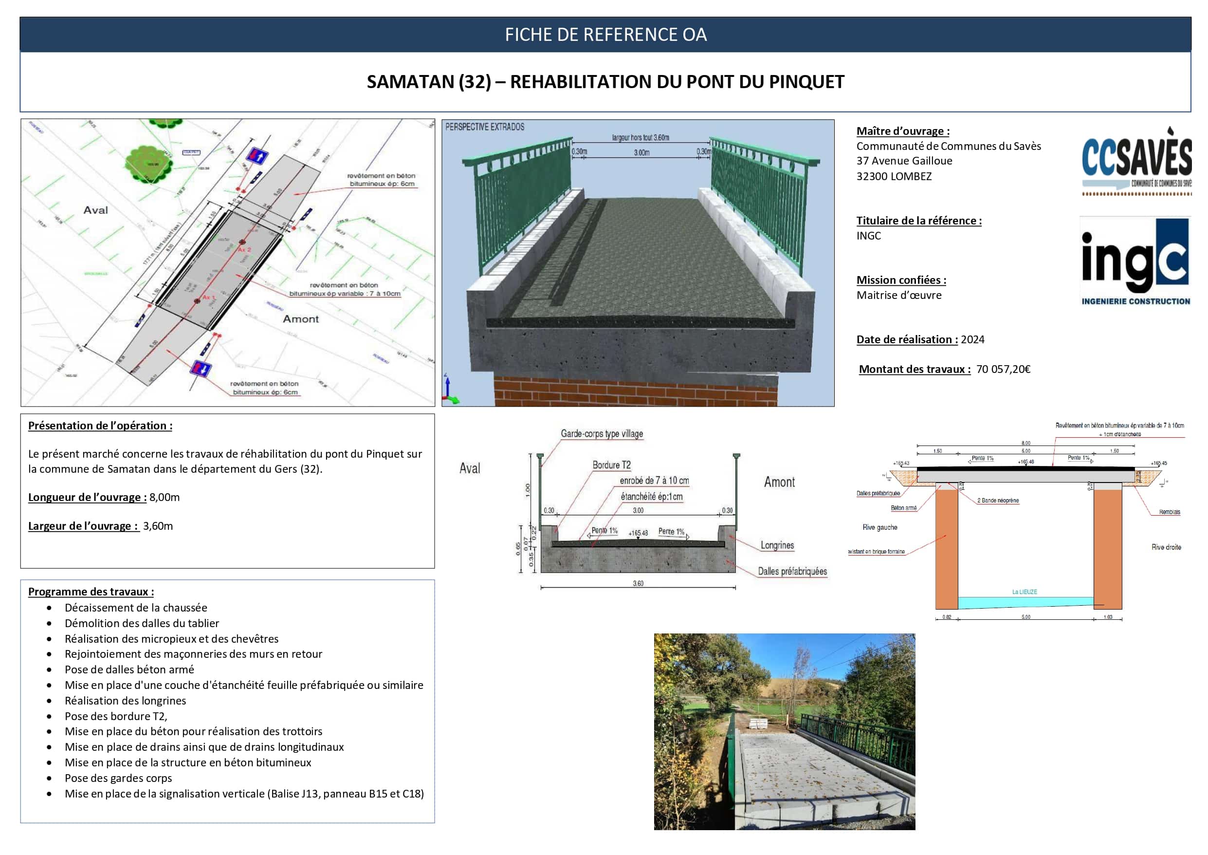 Fiche technique SAMATAN : réhabilitation du pont du Pinquet par INGC. Schémas de coupe, plans et photo de chantier 2024.