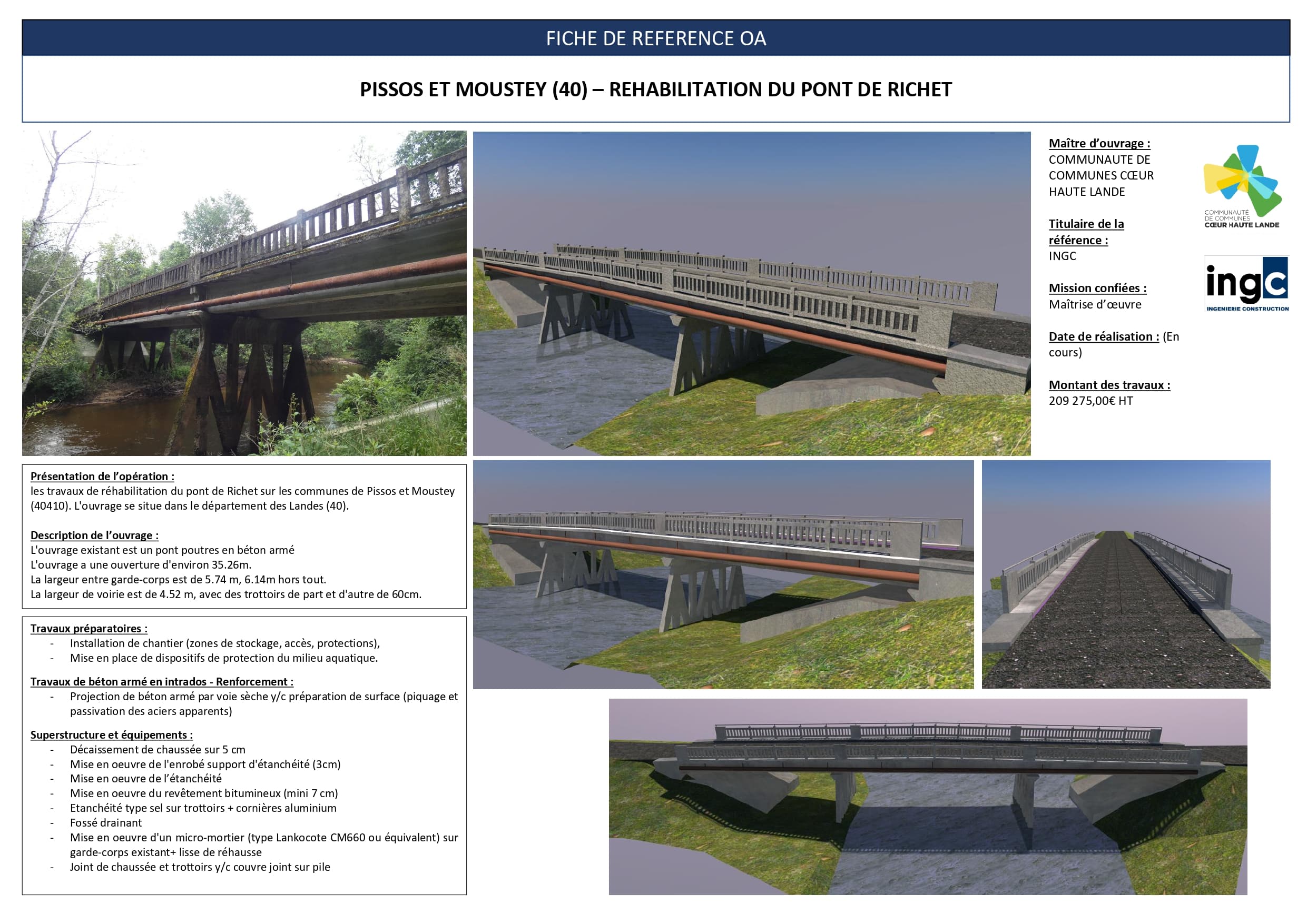 Fiche technique de réhabilitation du pont de Richet à Pissos : photos et modèles 3D du projet par l'INGC.