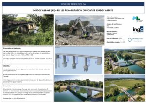 Fiche projet : réhabilitation du pont de Sorde l'Abbaye RD 123, photos de travaux, modèle 3D et détails techniques.