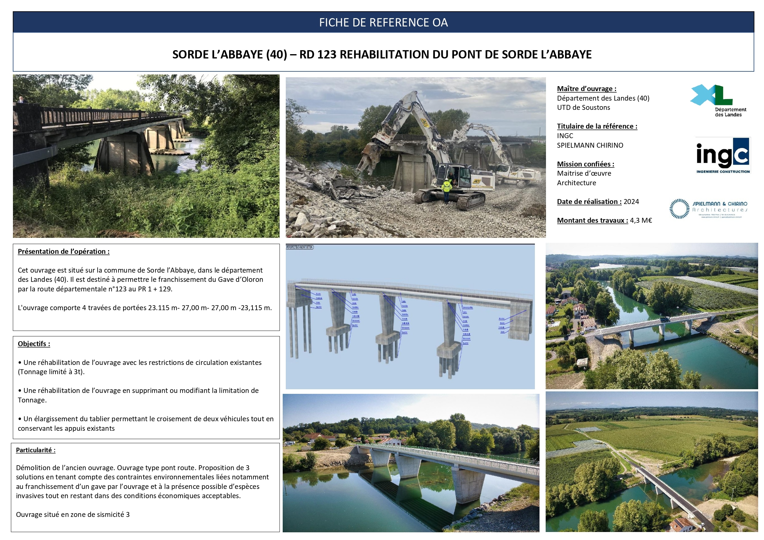 Fiche projet : réhabilitation du pont de Sorde l'Abbaye RD 123, photos de travaux, modèle 3D et détails techniques.