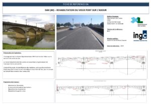 Fiche de référence : réhabilitation du Vieux Pont de Dax sur l'Adour, incluant photos, schémas techniques et travaux 2024.