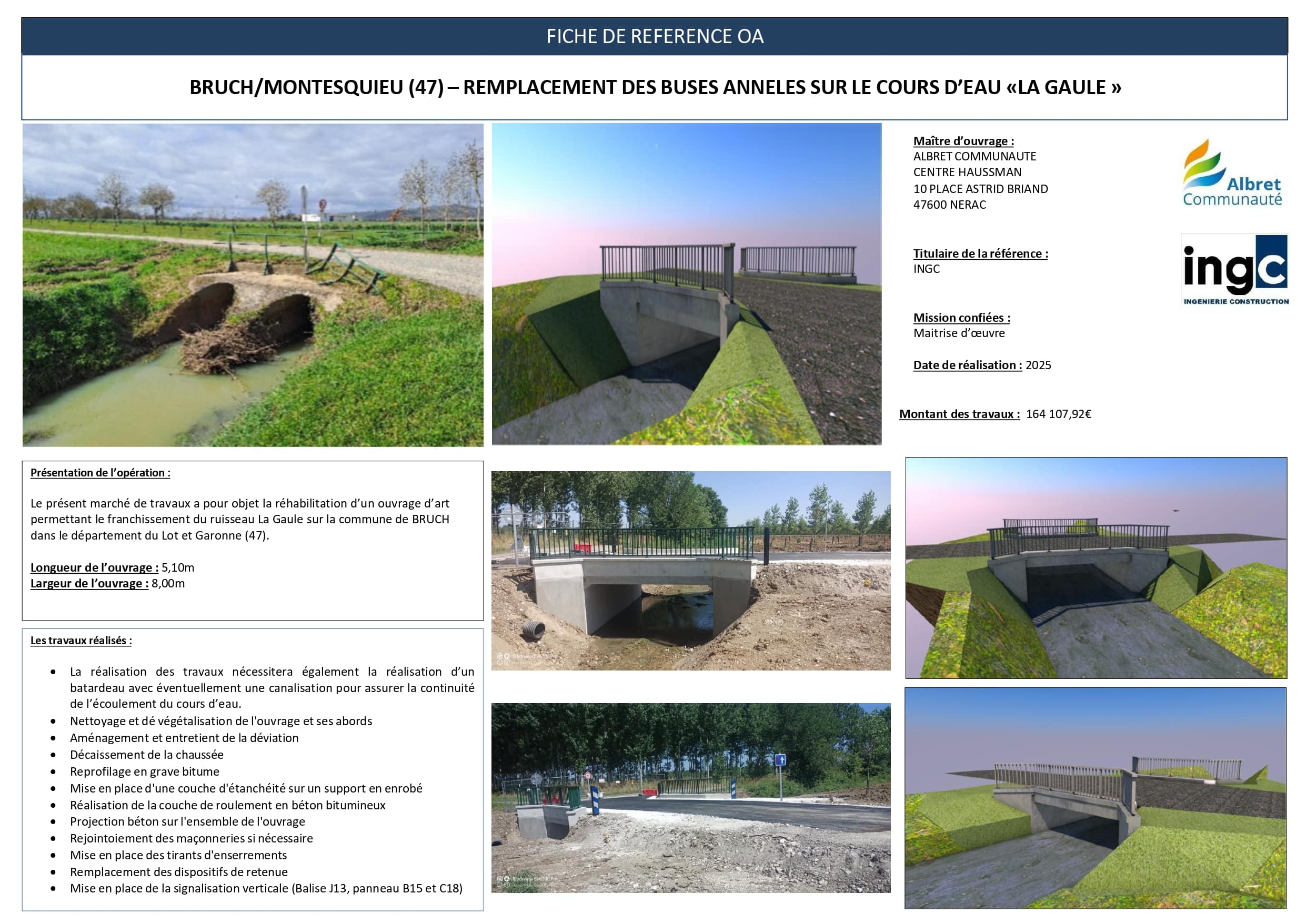 Fiche référence : Bruch (47), remplacement buses annelées par pont cadre sur La Gaule. Projet Albret Communauté.