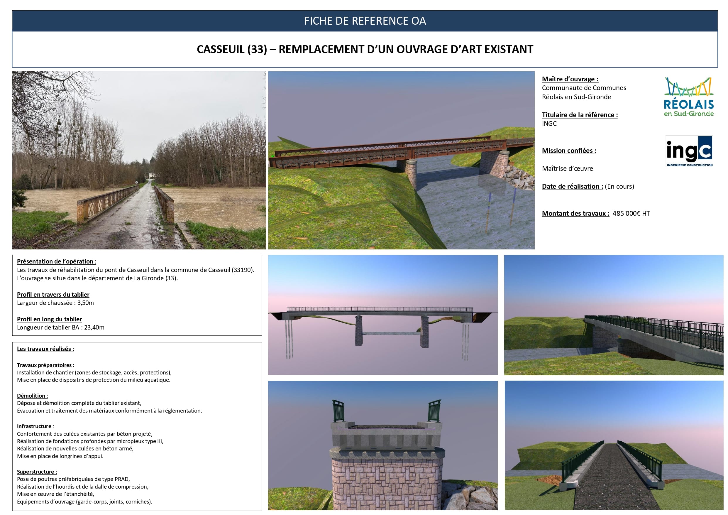 Fiche technique : remplacement du pont de Casseuil (33), modélisations 3D et détails des travaux d'ouvrage d'art.