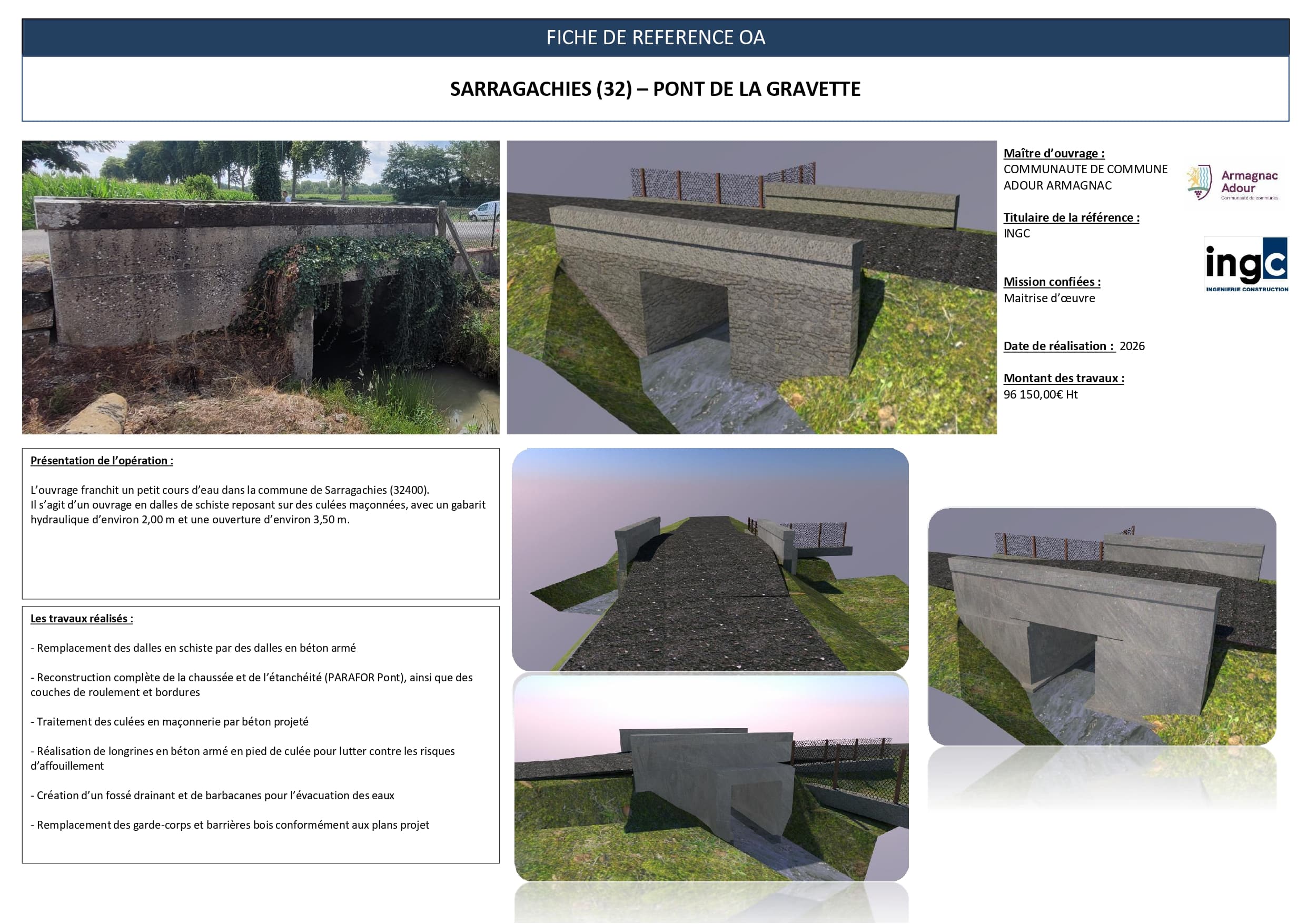 Pont de la Gravette, Sarragachies (32) : rénovation d'ouvrage d'art par INGC, rendus 3D et photos des travaux.