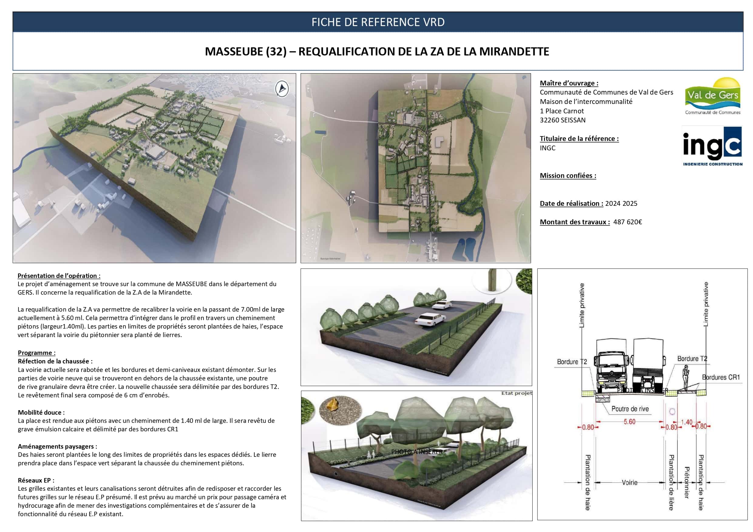 Fiche de référence VRD pour la requalification de la ZA de la Mirandette à Masseube, réalisée par INGC.
