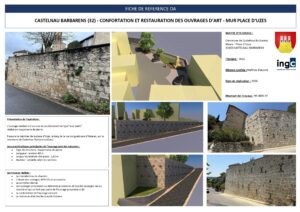 Fiche de restauration du mur d'Uzes à Castelnau Barbarens : photos et rendus 3D de l'ouvrage en pierre par INGC.