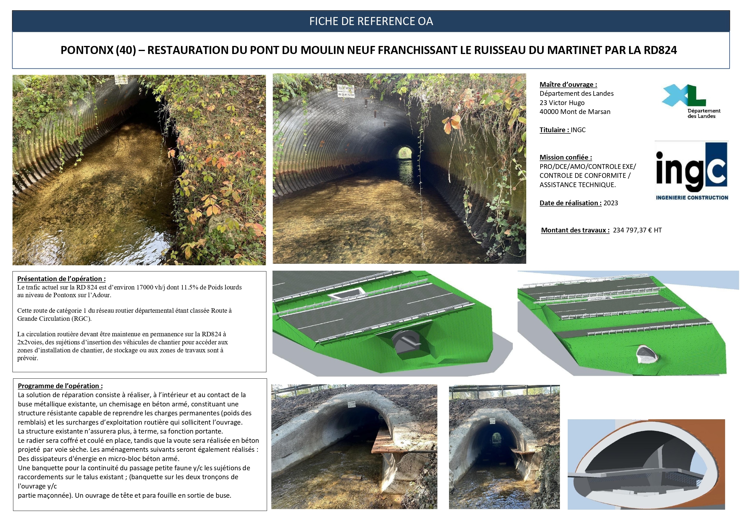 Fiche de restauration du Pont du Moulin Neuf (40) sur RD824 : photos de buse métallique et schémas de chemisage béton.