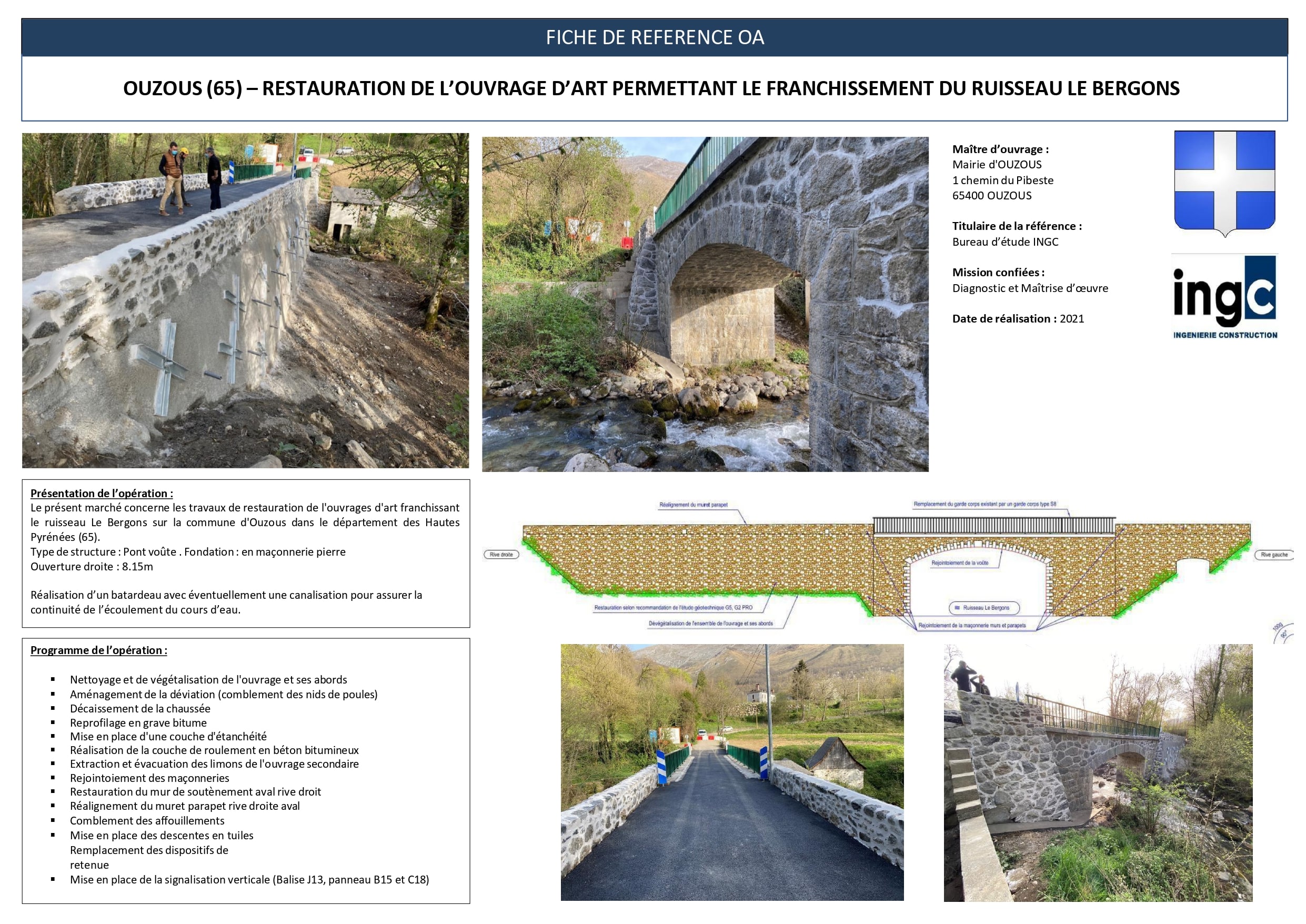 Restauration du pont à Ouzous sur le ruisseau Le Bergons par INGC : photos, schéma technique et programme des travaux.